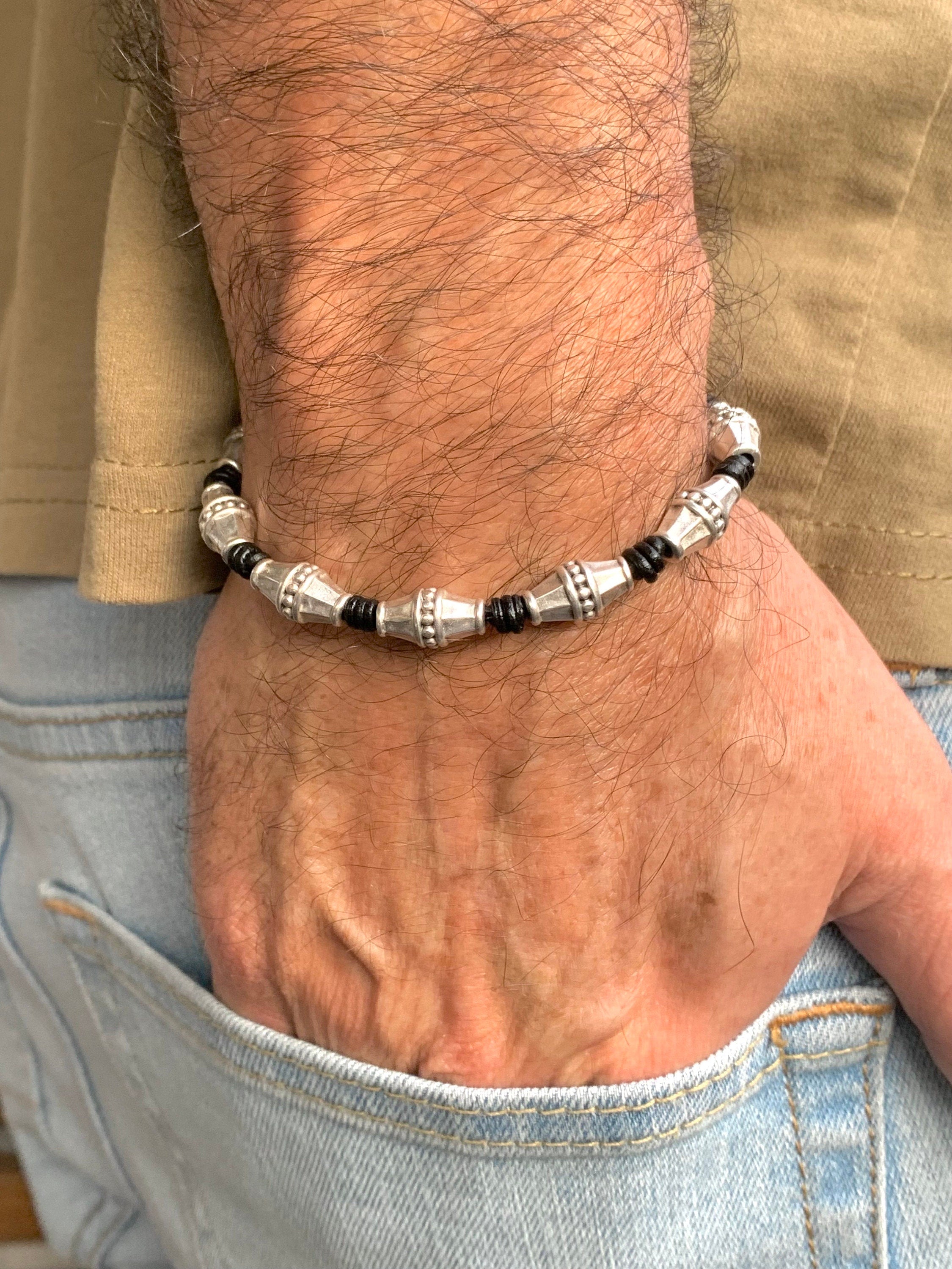 Men silver beaded leather bracelet for a masculine style, bohemian men bracelet, gift for boyfriend and brother, unique birthday present