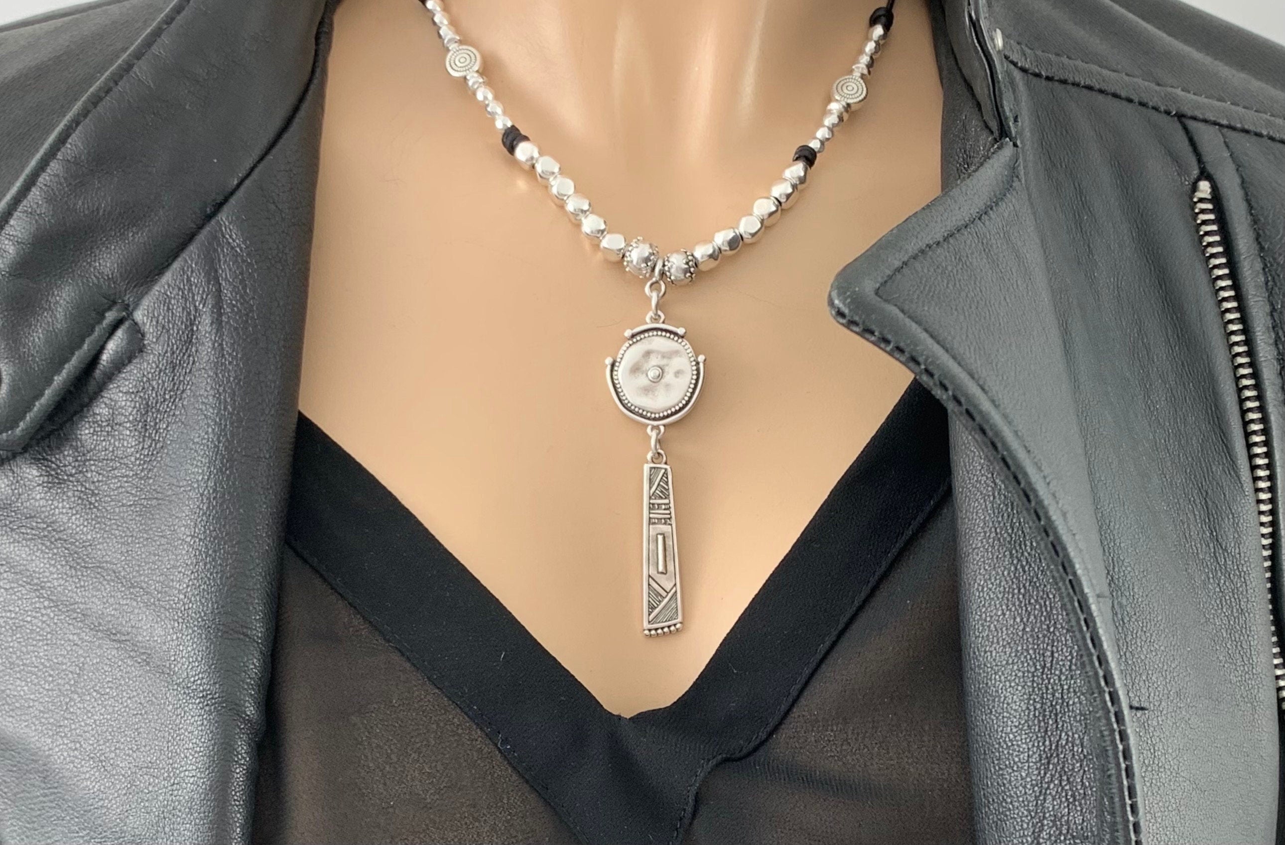 Tribal pendant leather necklace, silver beaded necklace, chunky pendant necklace, ethnic necklace, women choker, bohemian necklace, gift