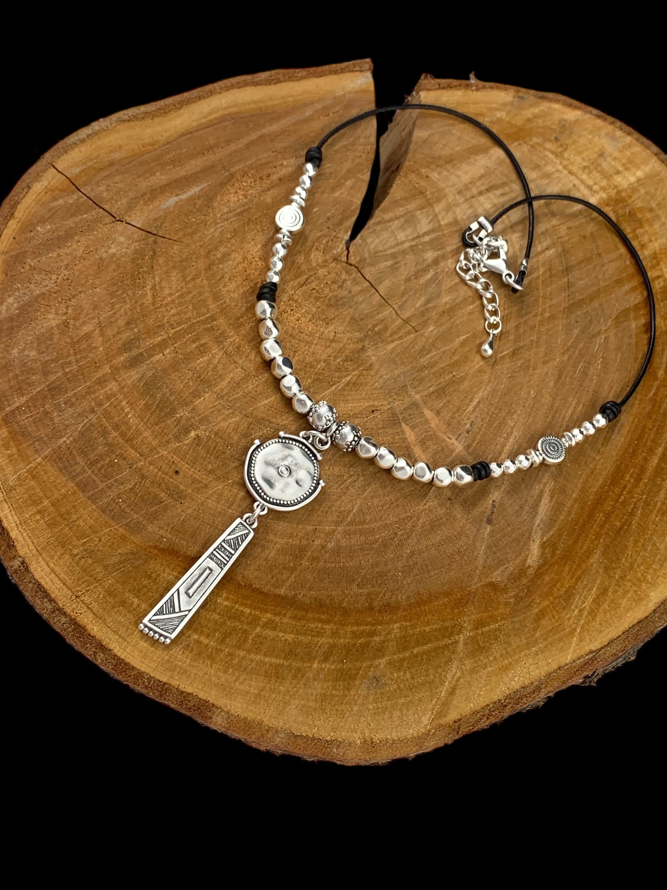 Tribal pendant leather necklace, silver beaded necklace, chunky pendant necklace, ethnic necklace, women choker, bohemian necklace, gift