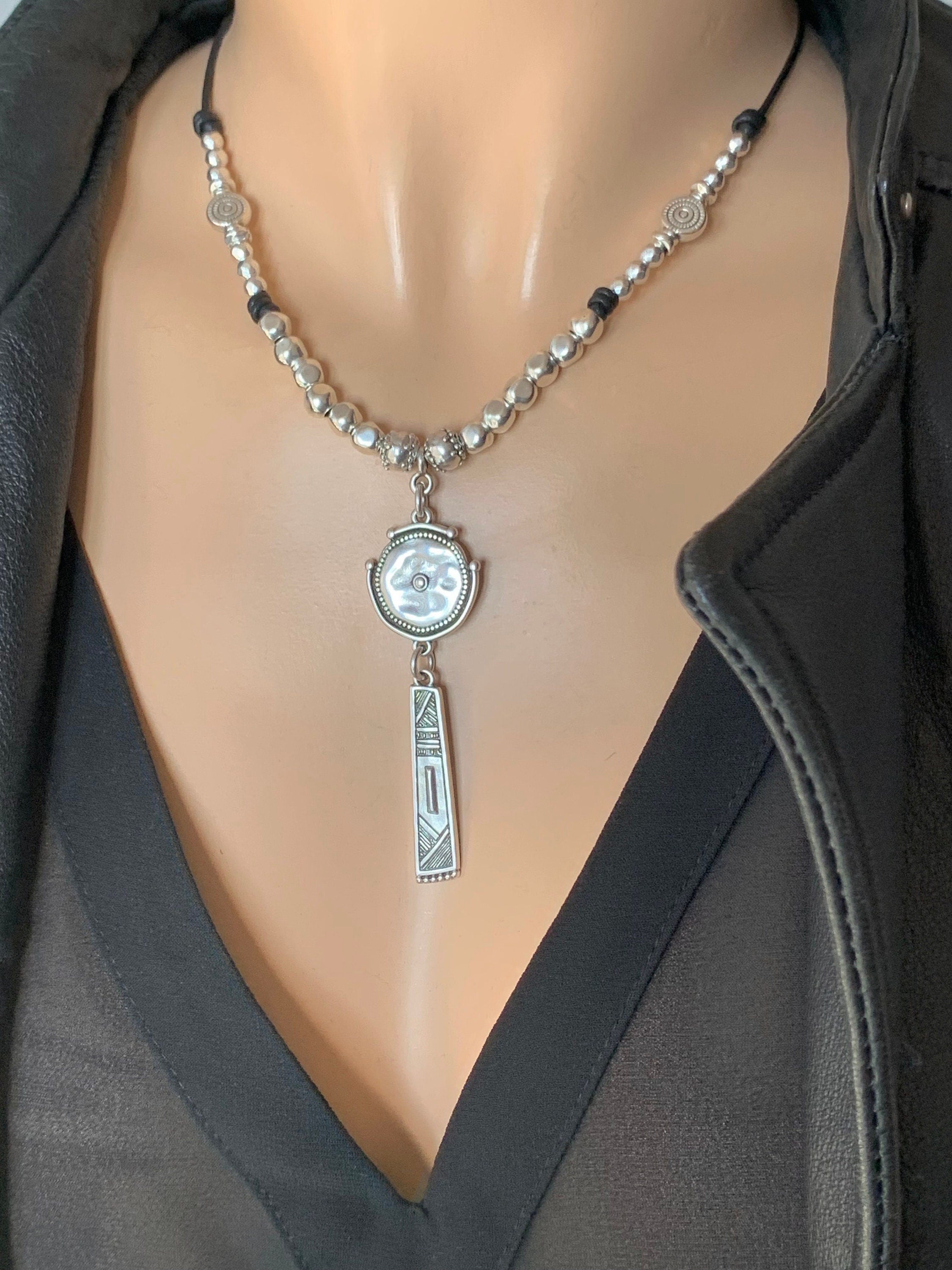 Tribal pendant leather necklace, silver beaded necklace, chunky pendant necklace, ethnic necklace, women choker, bohemian necklace, gift