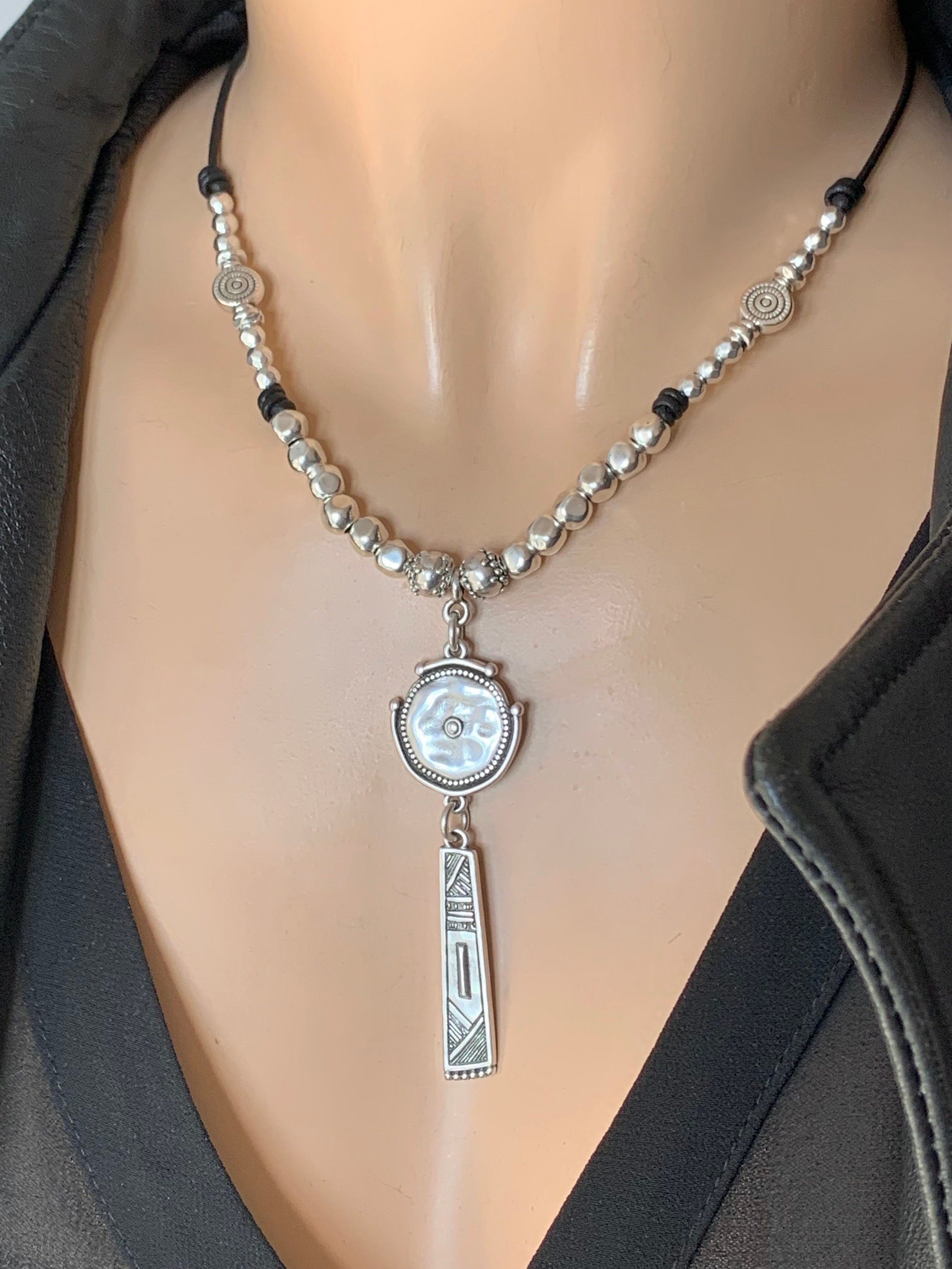 Tribal pendant leather necklace, silver beaded necklace, chunky pendant necklace, ethnic necklace, women choker, bohemian necklace, gift