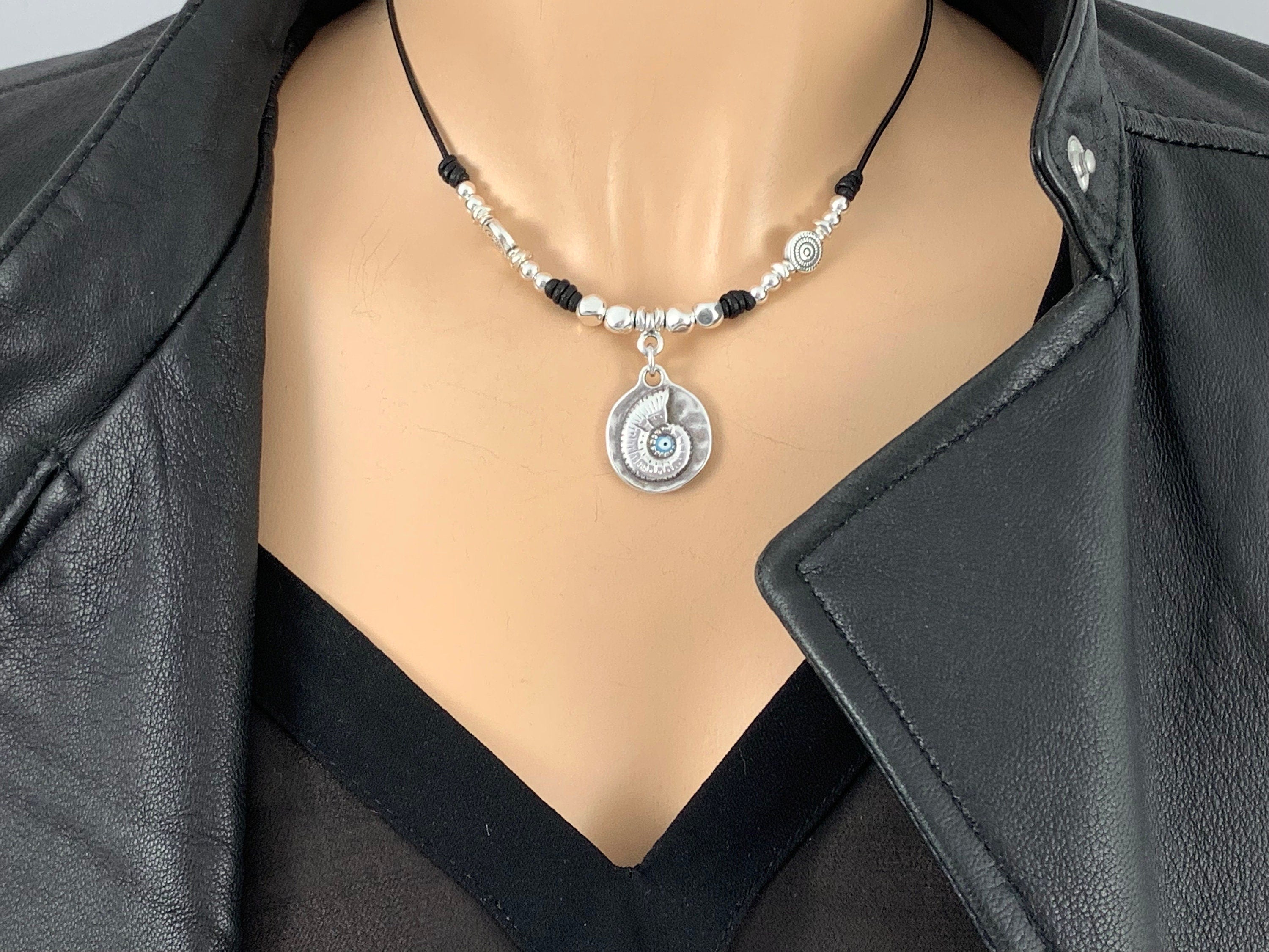 Tribal pendant leather necklace, silver beaded necklace, shell pendant necklace, ethnic necklace, women choker, bohemian necklace, gift