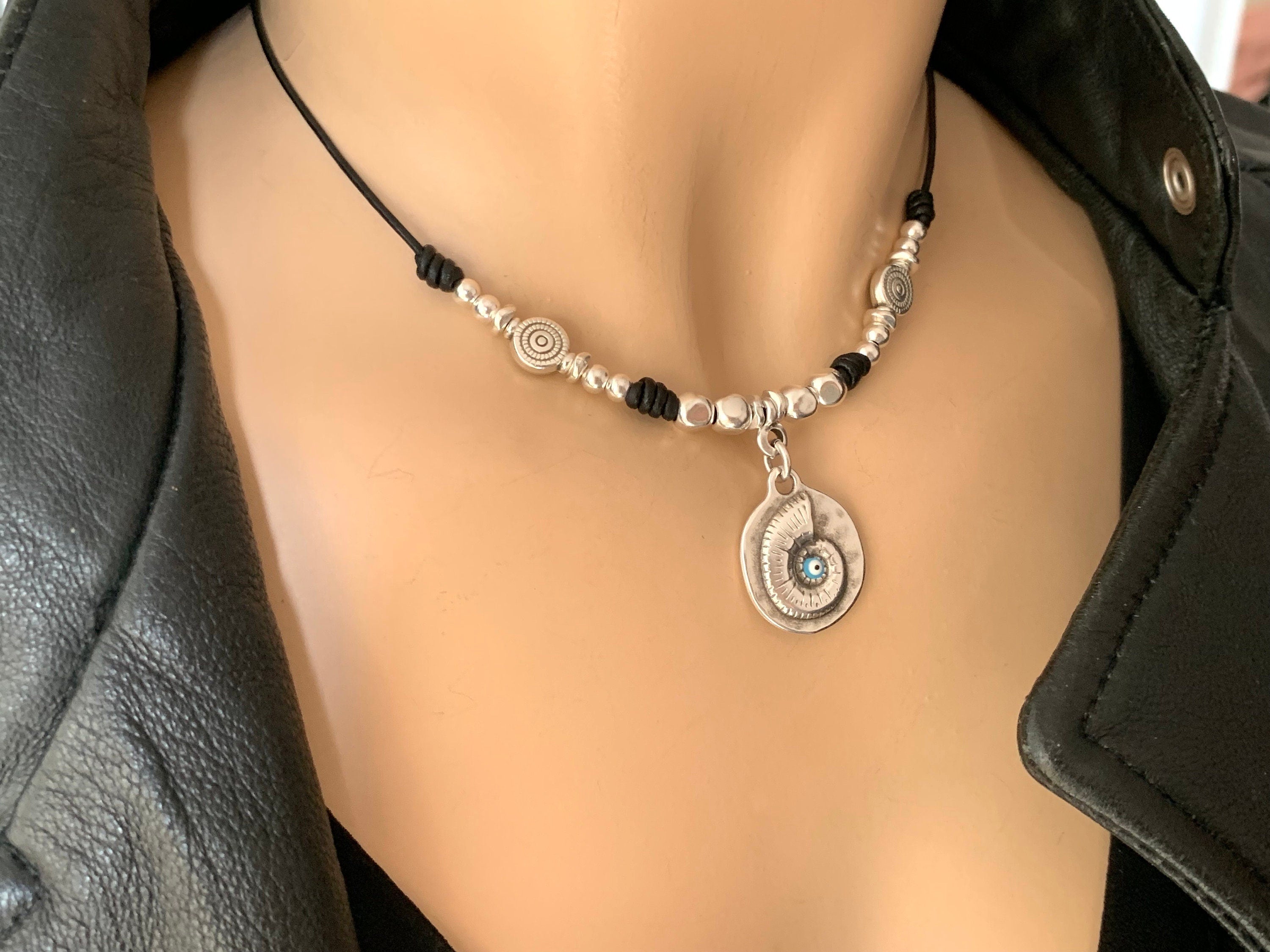 Tribal pendant leather necklace, silver beaded necklace, shell pendant necklace, ethnic necklace, women choker, bohemian necklace, gift