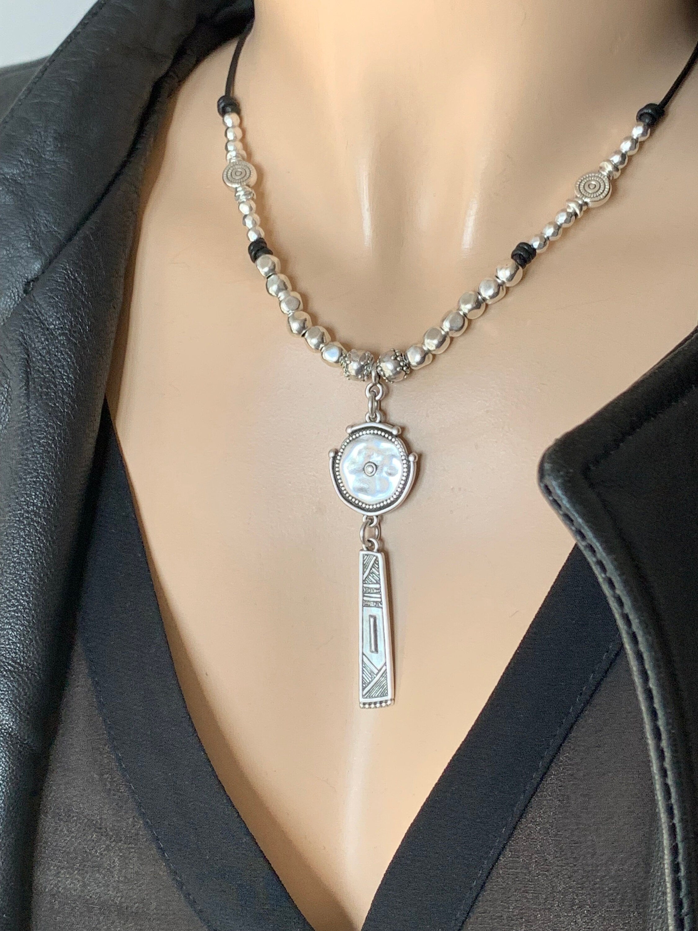 Tribal pendant leather necklace, silver beaded necklace, chunky pendant necklace, ethnic necklace, women choker, bohemian necklace, gift