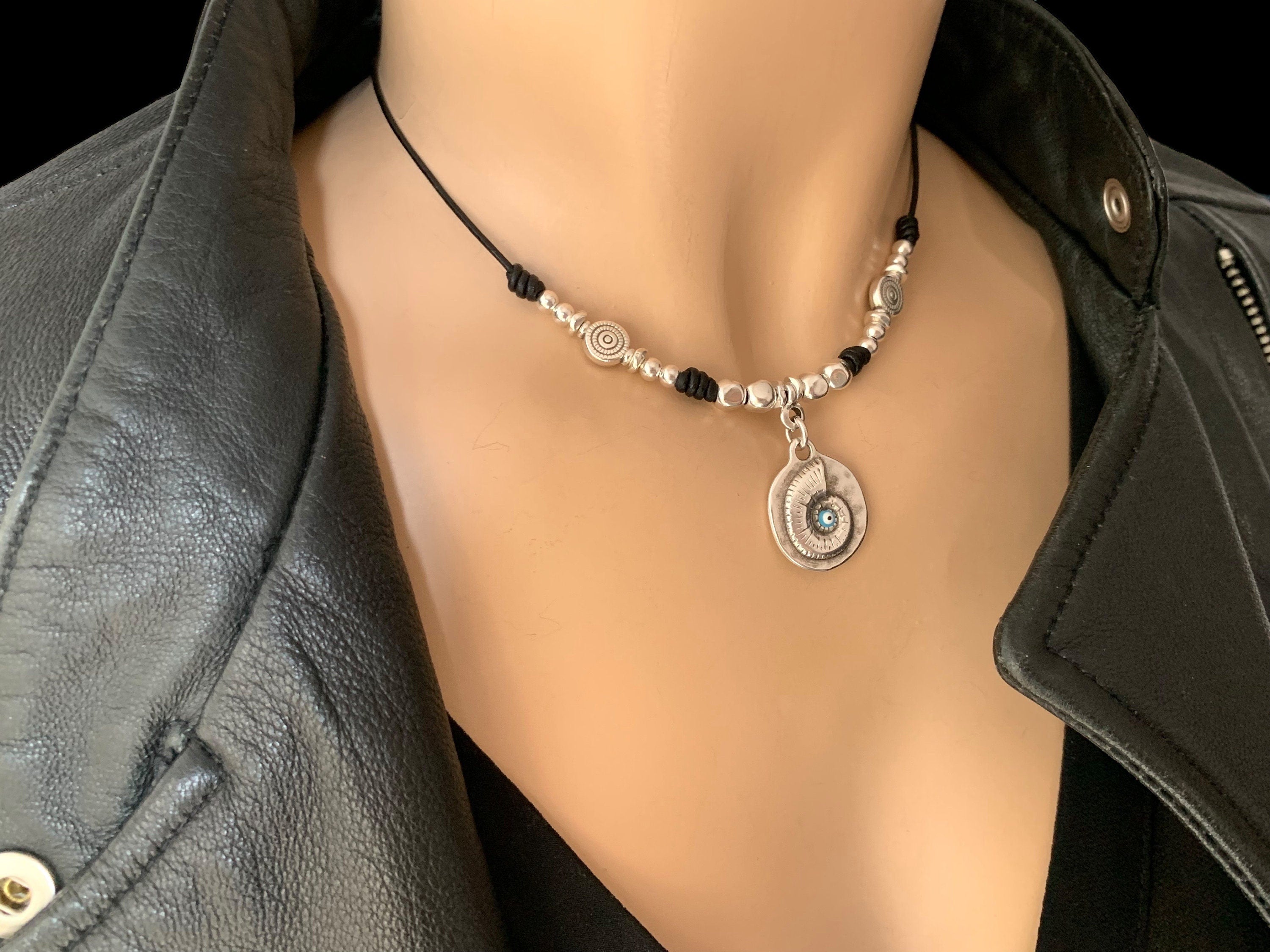 Tribal pendant leather necklace, silver beaded necklace, shell pendant necklace, ethnic necklace, women choker, bohemian necklace, gift