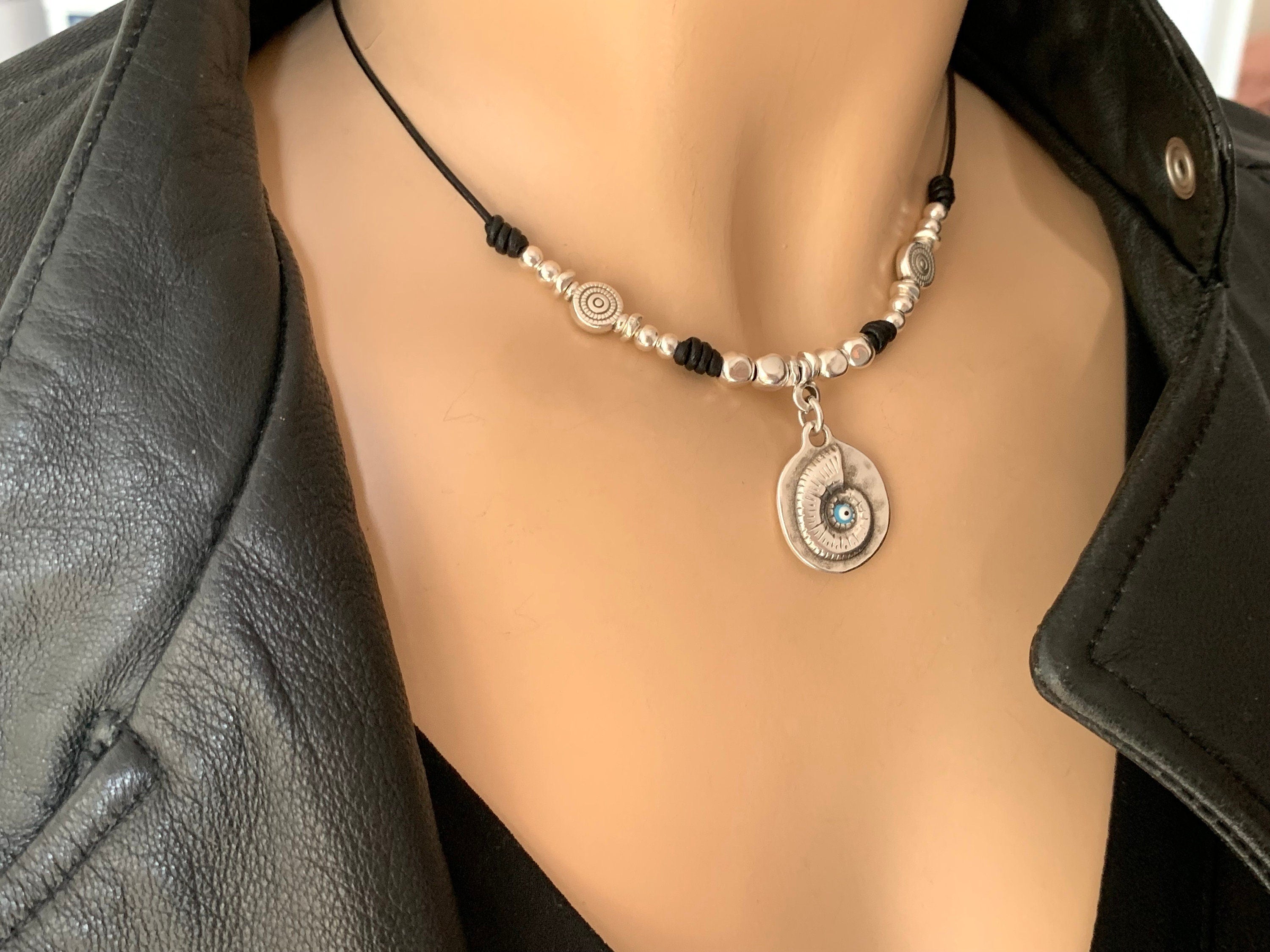 Tribal pendant leather necklace, silver beaded necklace, shell pendant necklace, ethnic necklace, women choker, bohemian necklace, gift