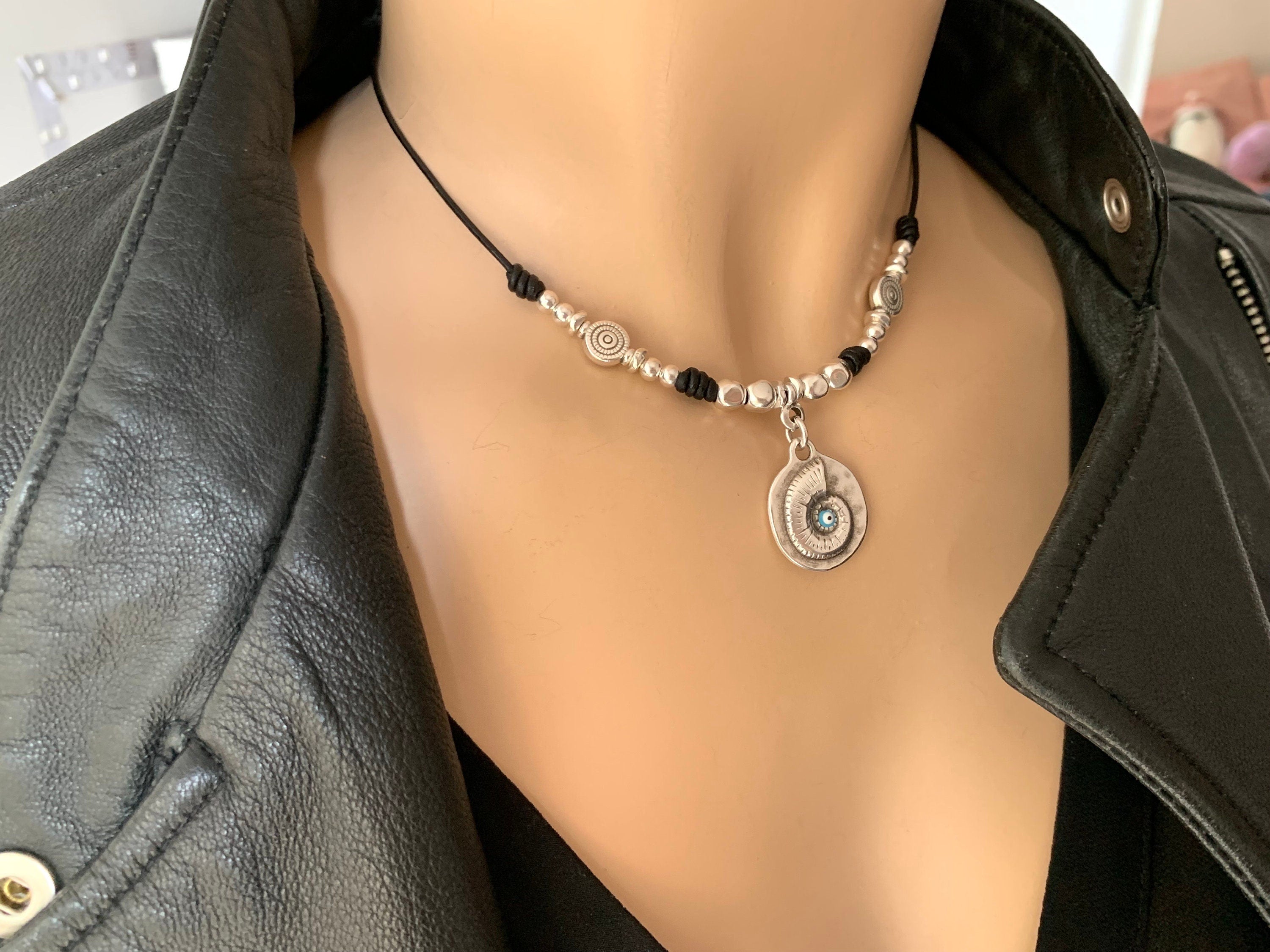 Tribal pendant leather necklace, silver beaded necklace, shell pendant necklace, ethnic necklace, women choker, bohemian necklace, gift