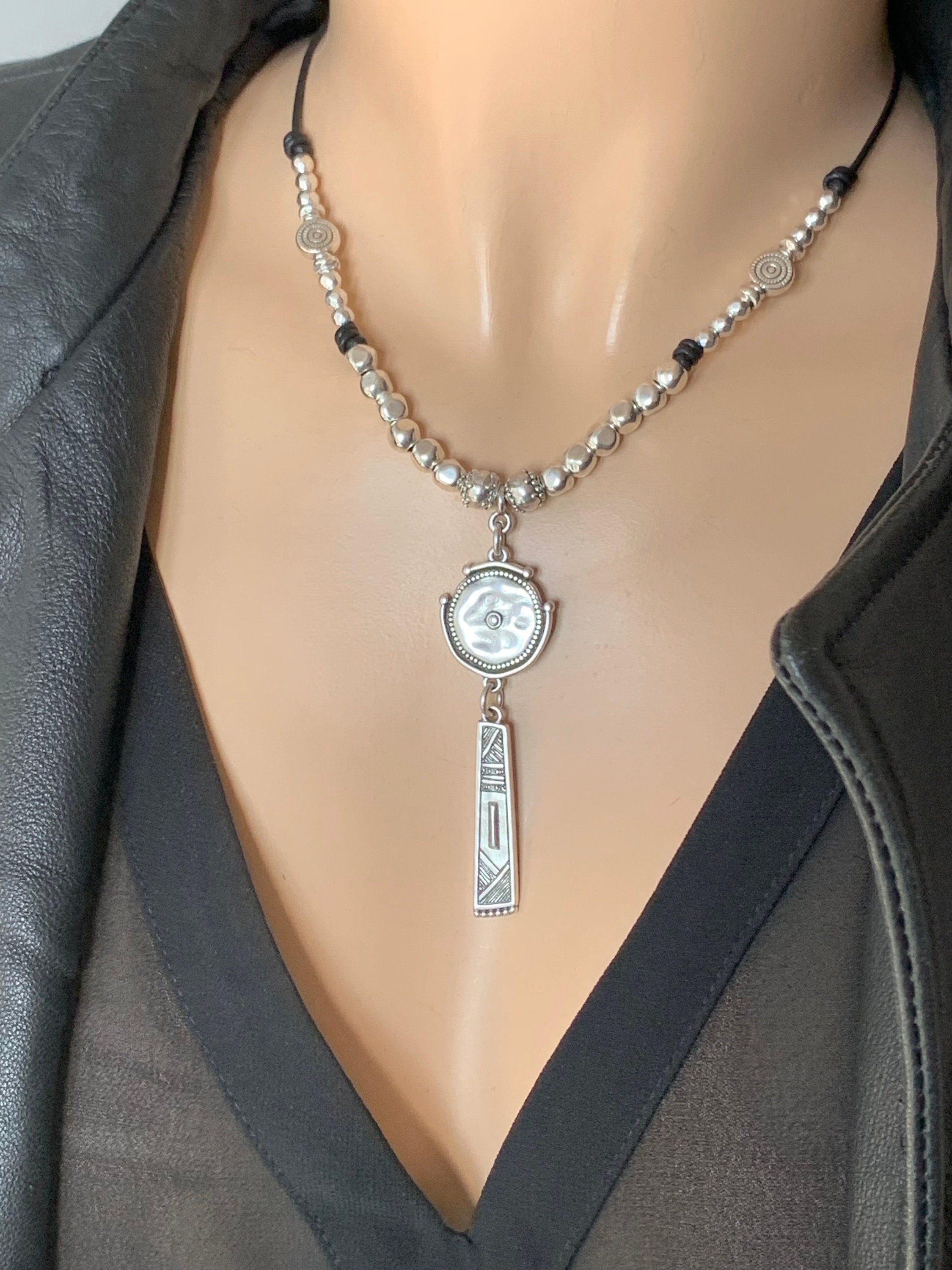 Tribal pendant leather necklace, silver beaded necklace, chunky pendant necklace, ethnic necklace, women choker, bohemian necklace, gift