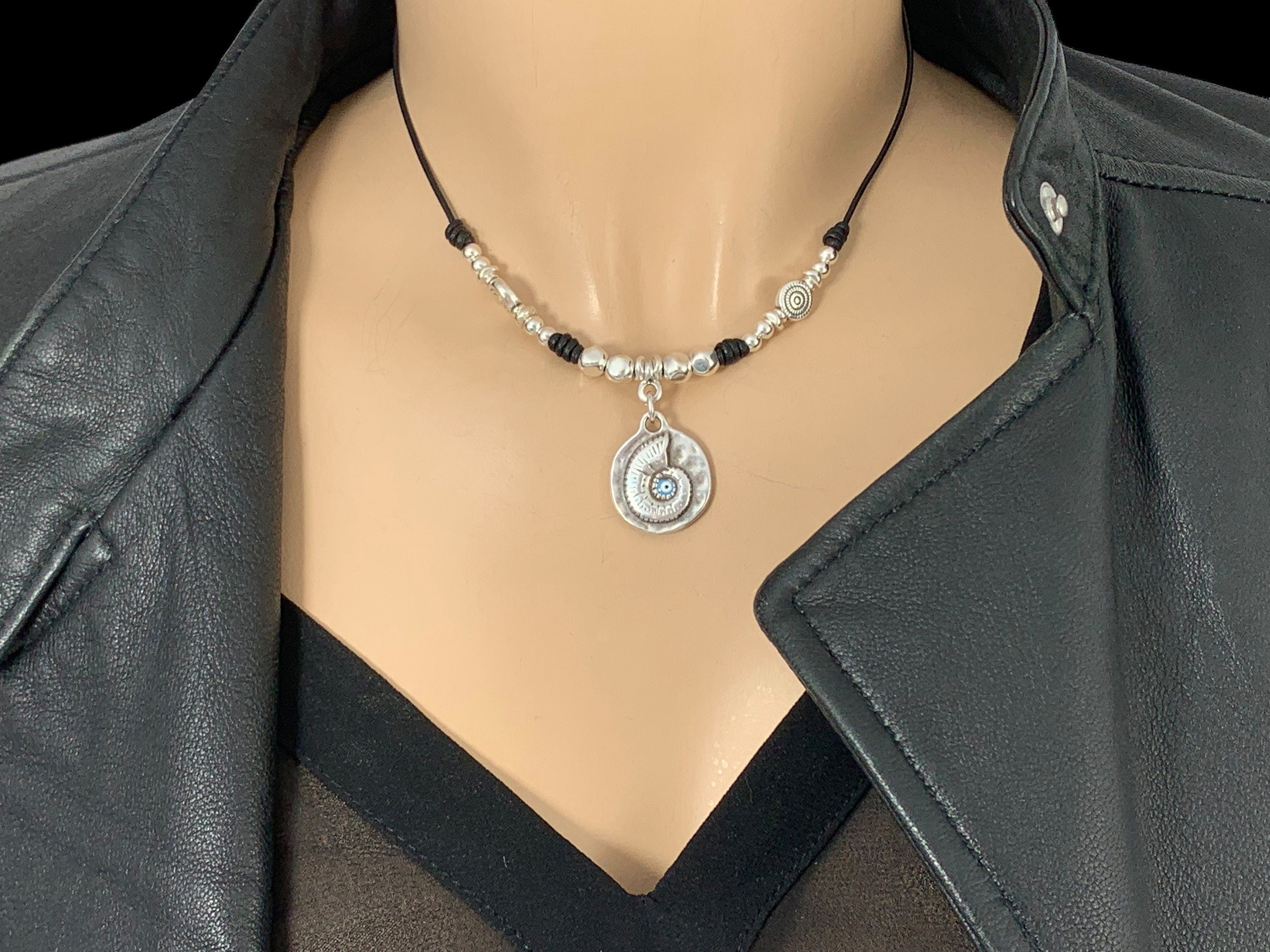 Tribal pendant leather necklace, silver beaded necklace, shell pendant necklace, ethnic necklace, women choker, bohemian necklace, gift
