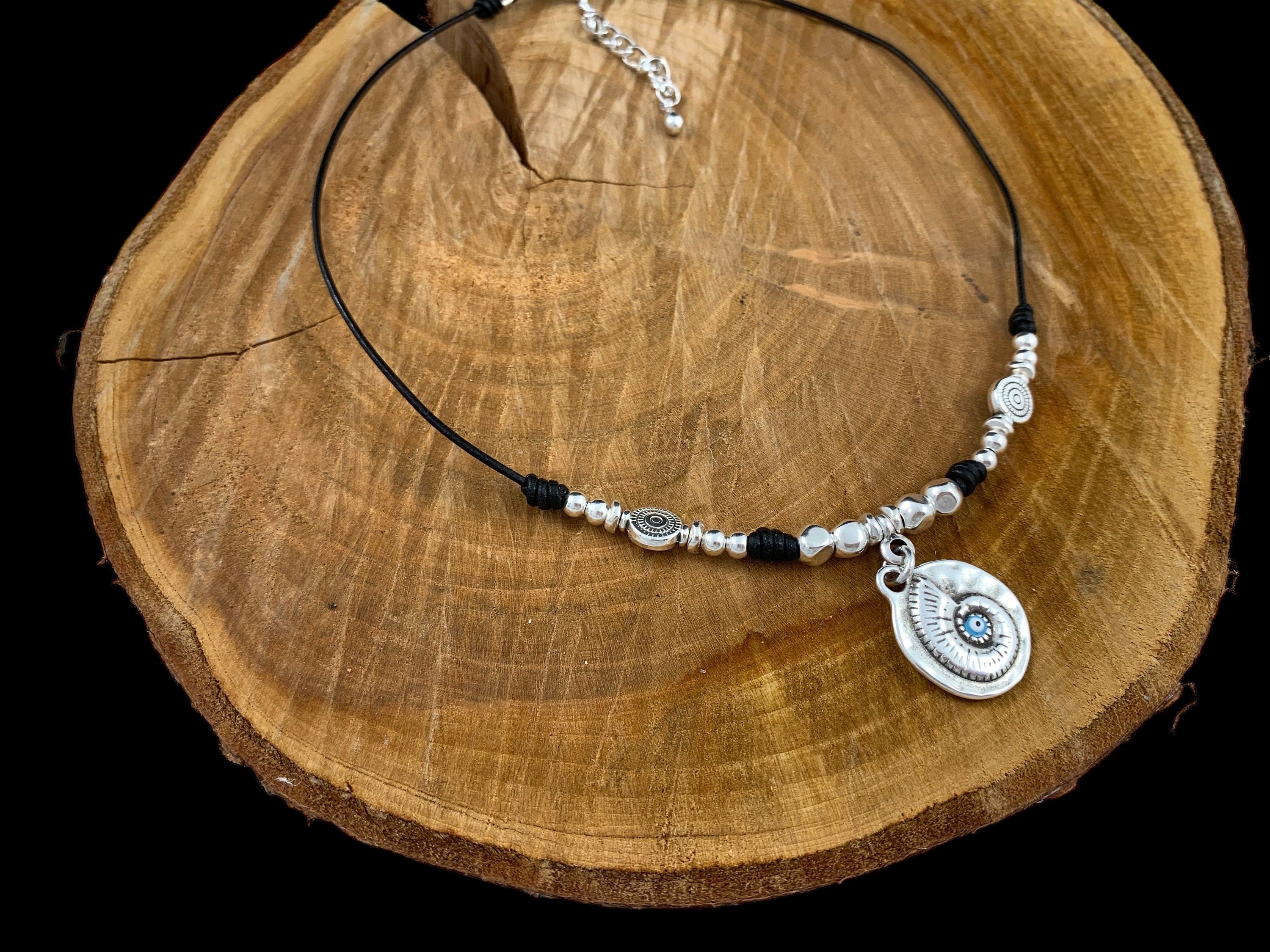 Tribal pendant leather necklace, silver beaded necklace, shell pendant necklace, ethnic necklace, women choker, bohemian necklace, gift