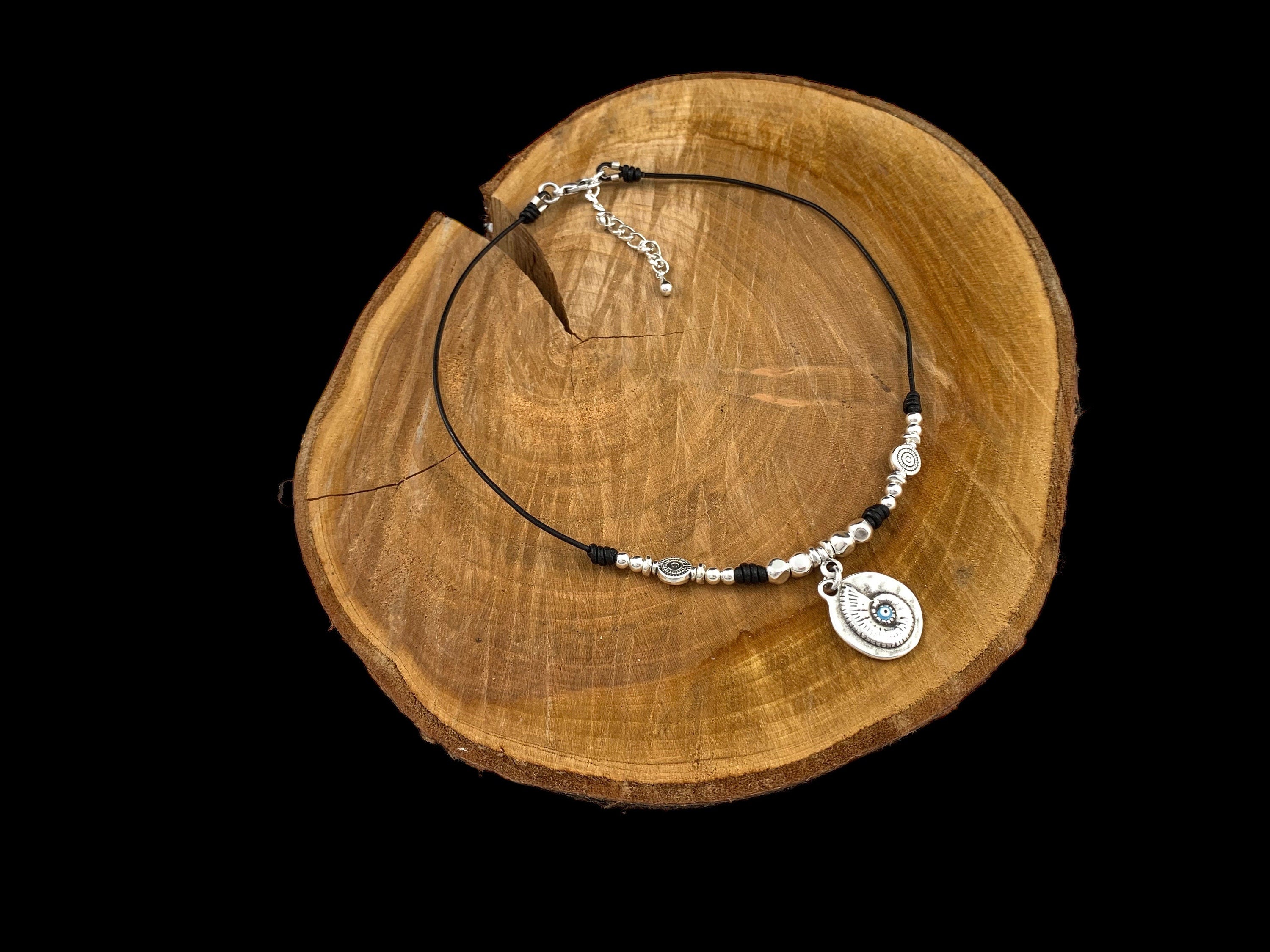 Tribal pendant leather necklace, silver beaded necklace, shell pendant necklace, ethnic necklace, women choker, bohemian necklace, gift