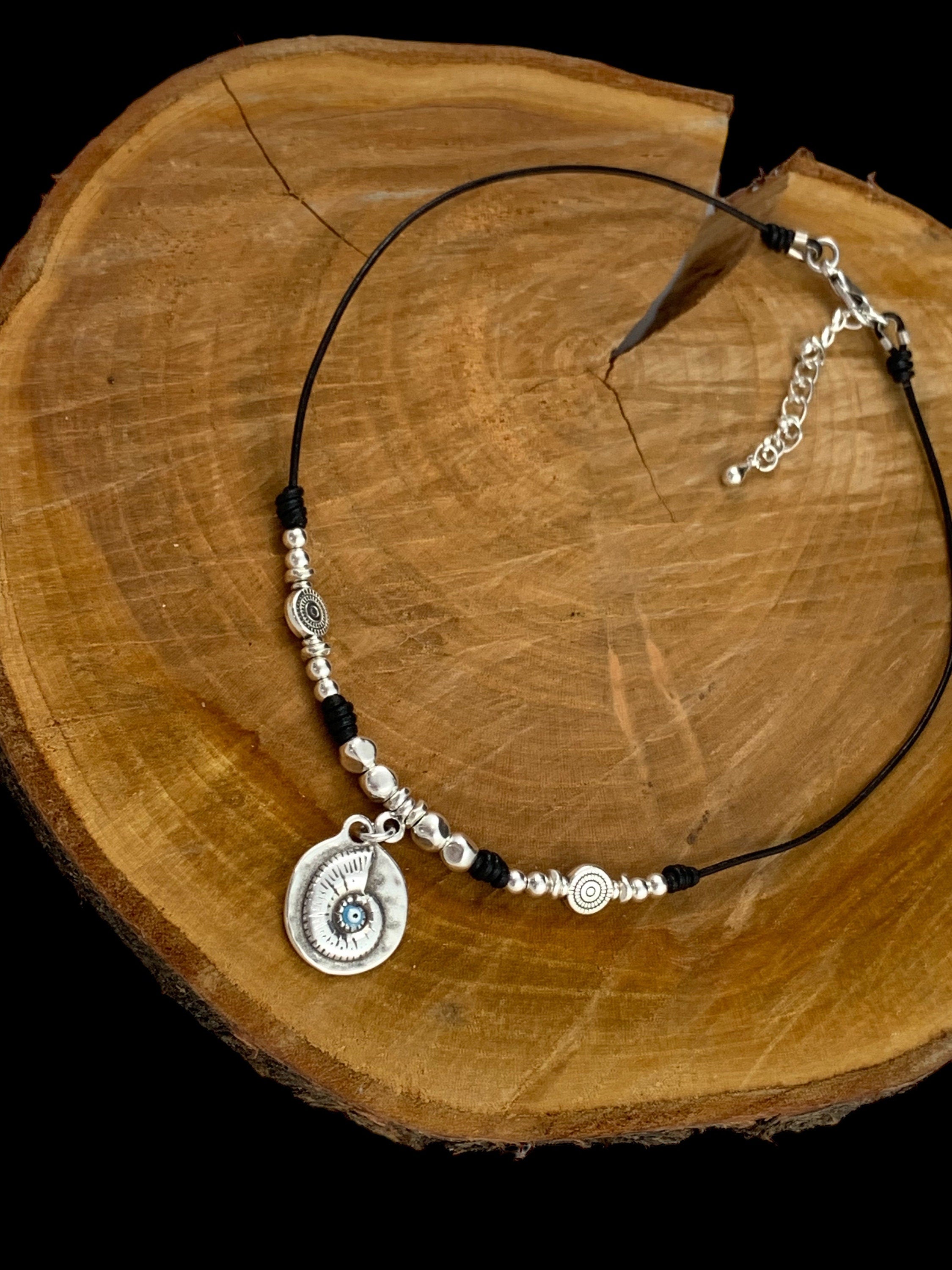 Tribal pendant leather necklace, silver beaded necklace, shell pendant necklace, ethnic necklace, women choker, bohemian necklace, gift