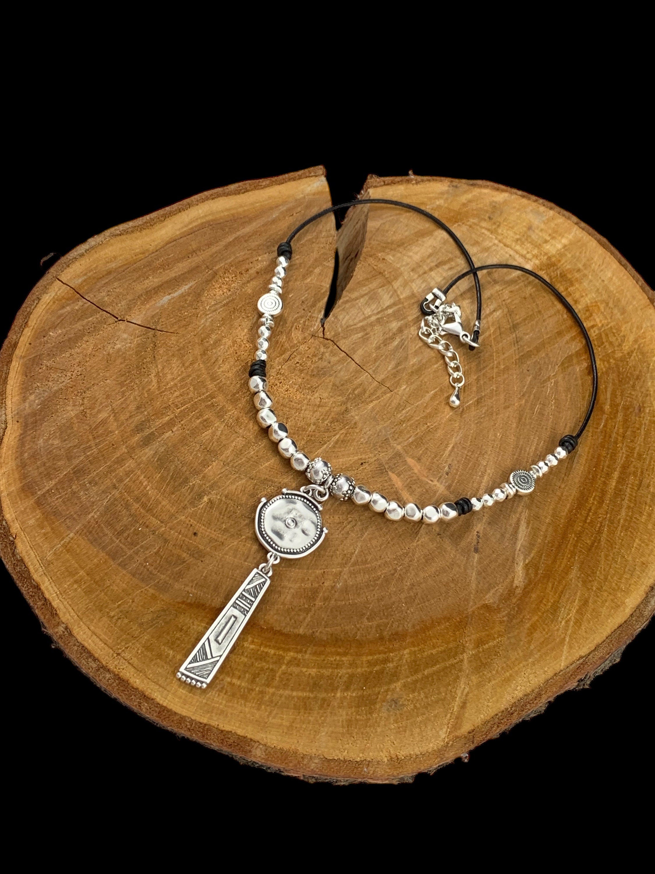 Tribal pendant leather necklace, silver beaded necklace, chunky pendant necklace, ethnic necklace, women choker, bohemian necklace, gift