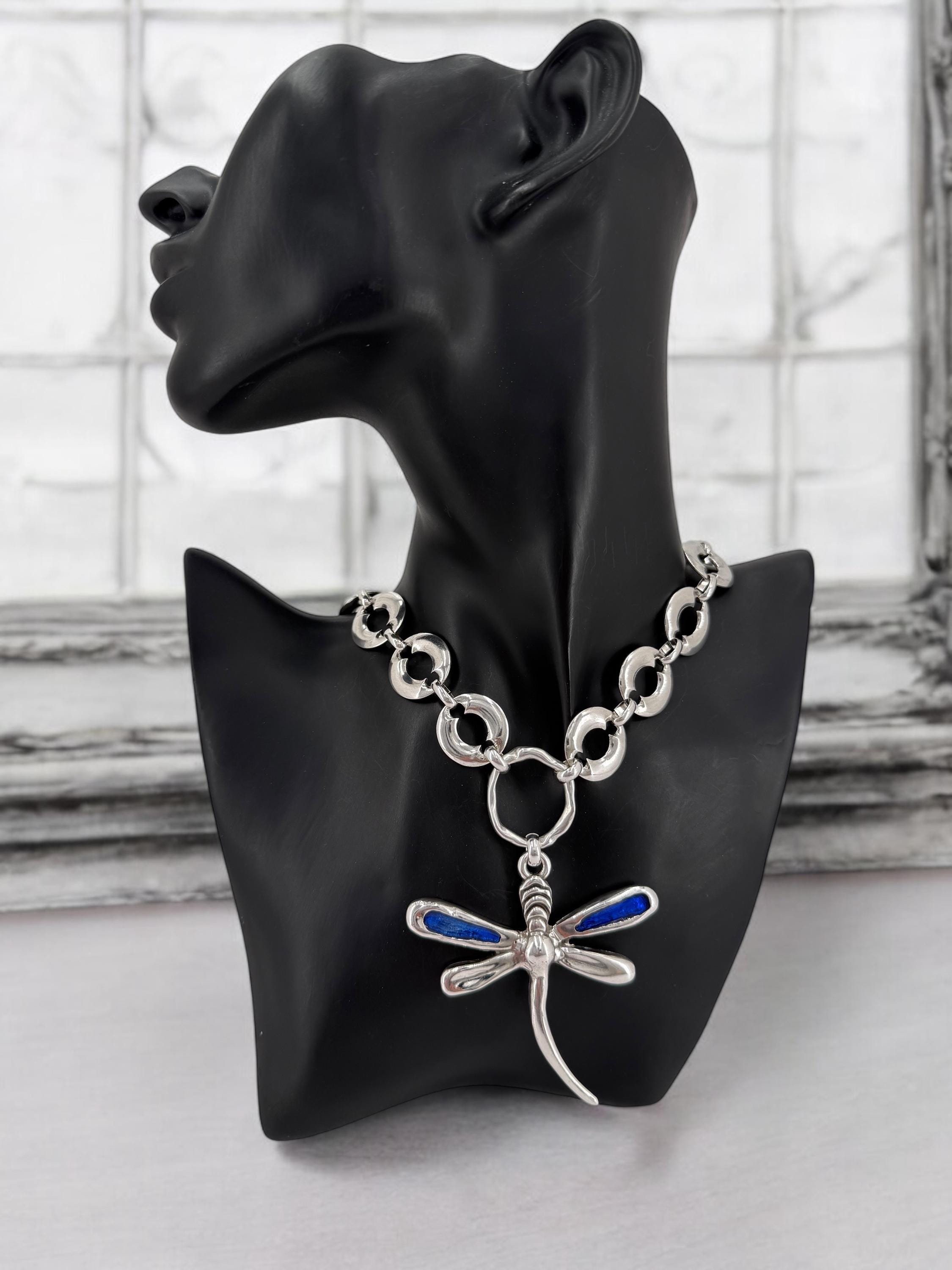 Statement Necklace with Large Dragonfly Pendant — Chunky Heavy Silver Chain, Bold Pendant Necklace