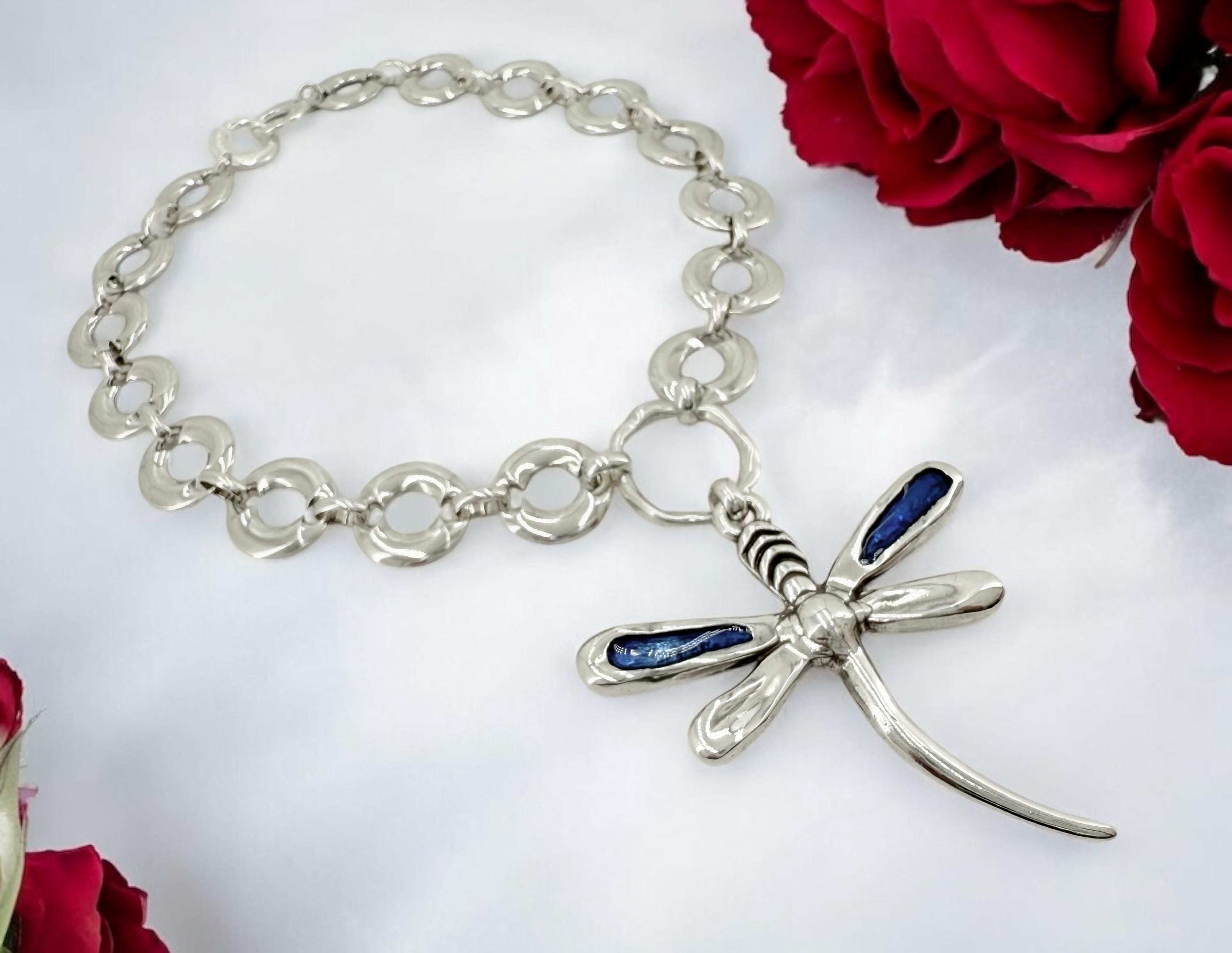 Statement Necklace with Large Dragonfly Pendant — Chunky Heavy Silver Chain, Bold Pendant Necklace