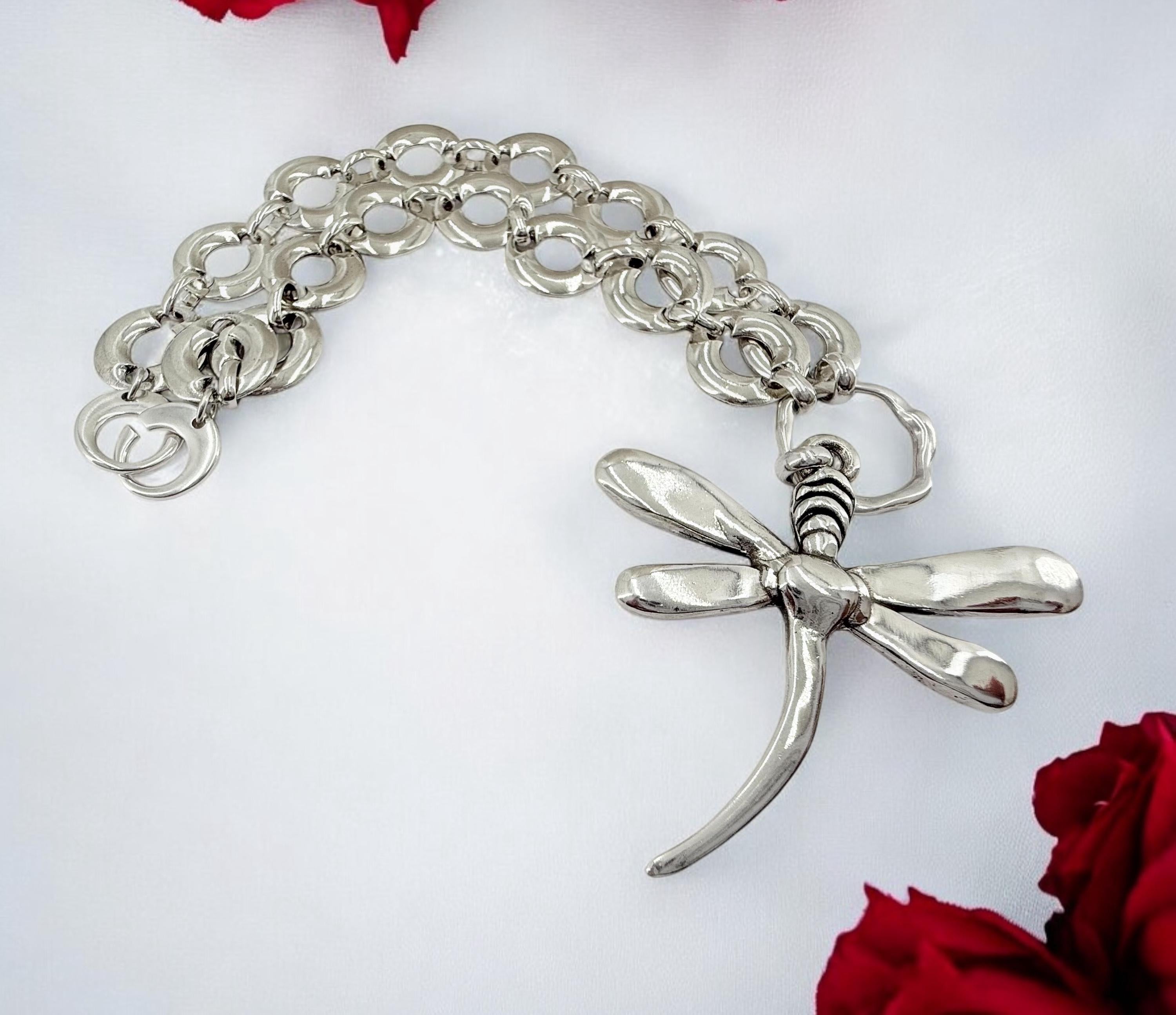 Statement Necklace with Large Dragonfly Pendant — Chunky Heavy Silver Chain, Bold Pendant Necklace