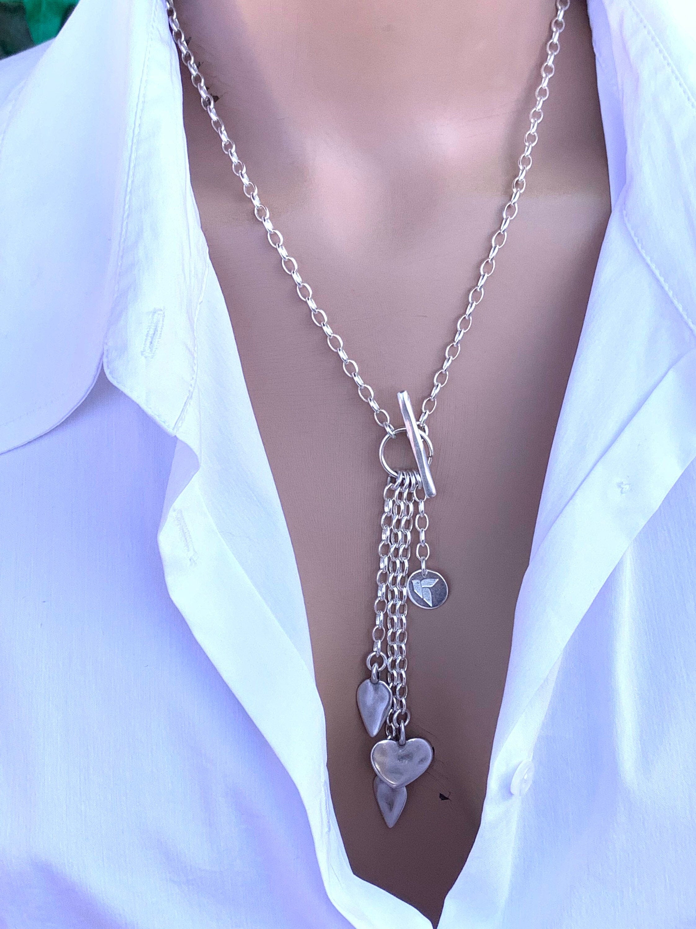 Minimalist silver plated toggle clasp lariat necklace, charms droped choker