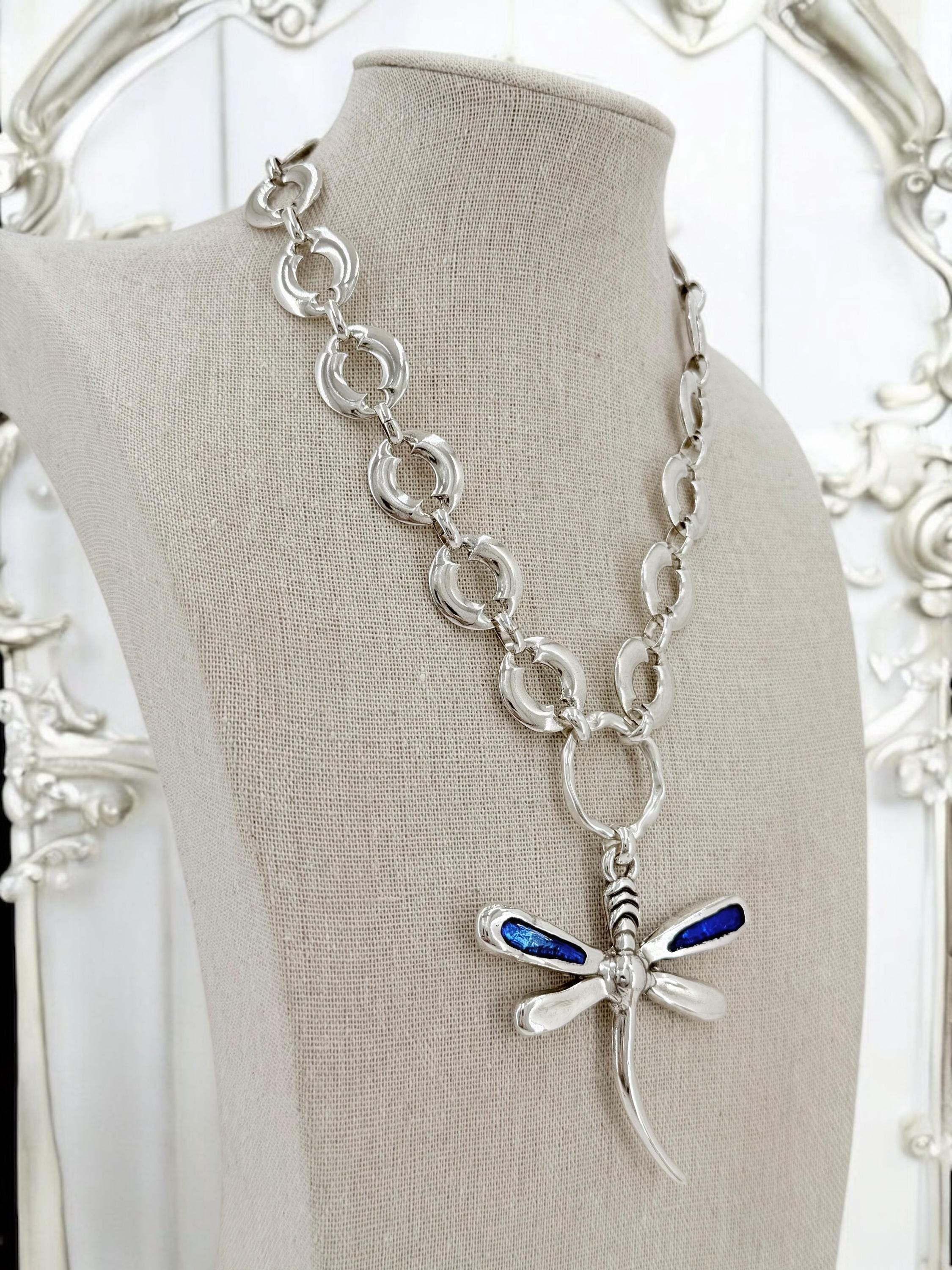 Statement Necklace with Large Dragonfly Pendant — Chunky Heavy Silver Chain, Bold Pendant Necklace