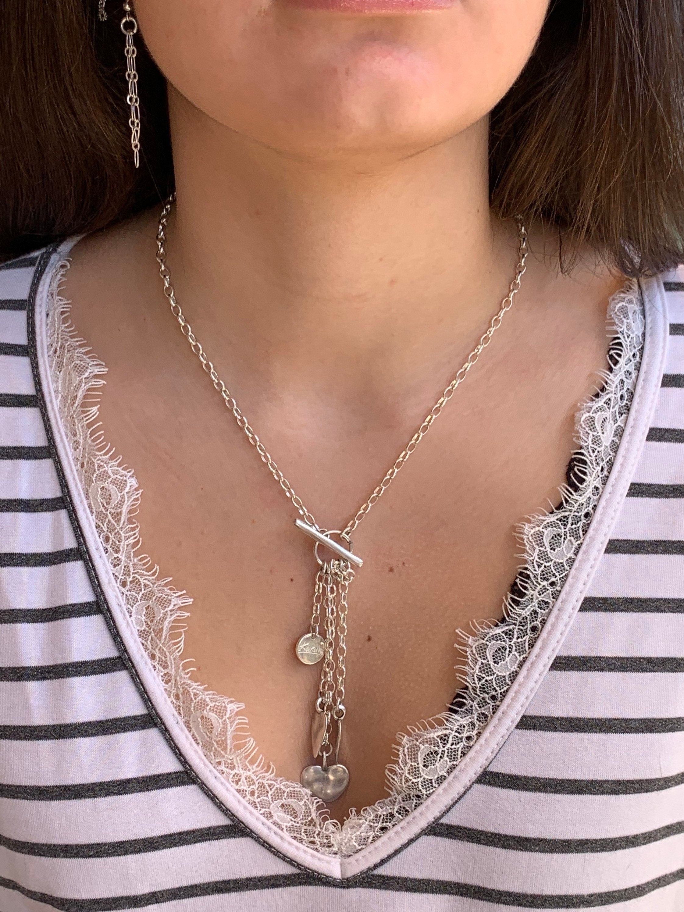 Minimalist silver plated toggle clasp lariat necklace, charms droped choker