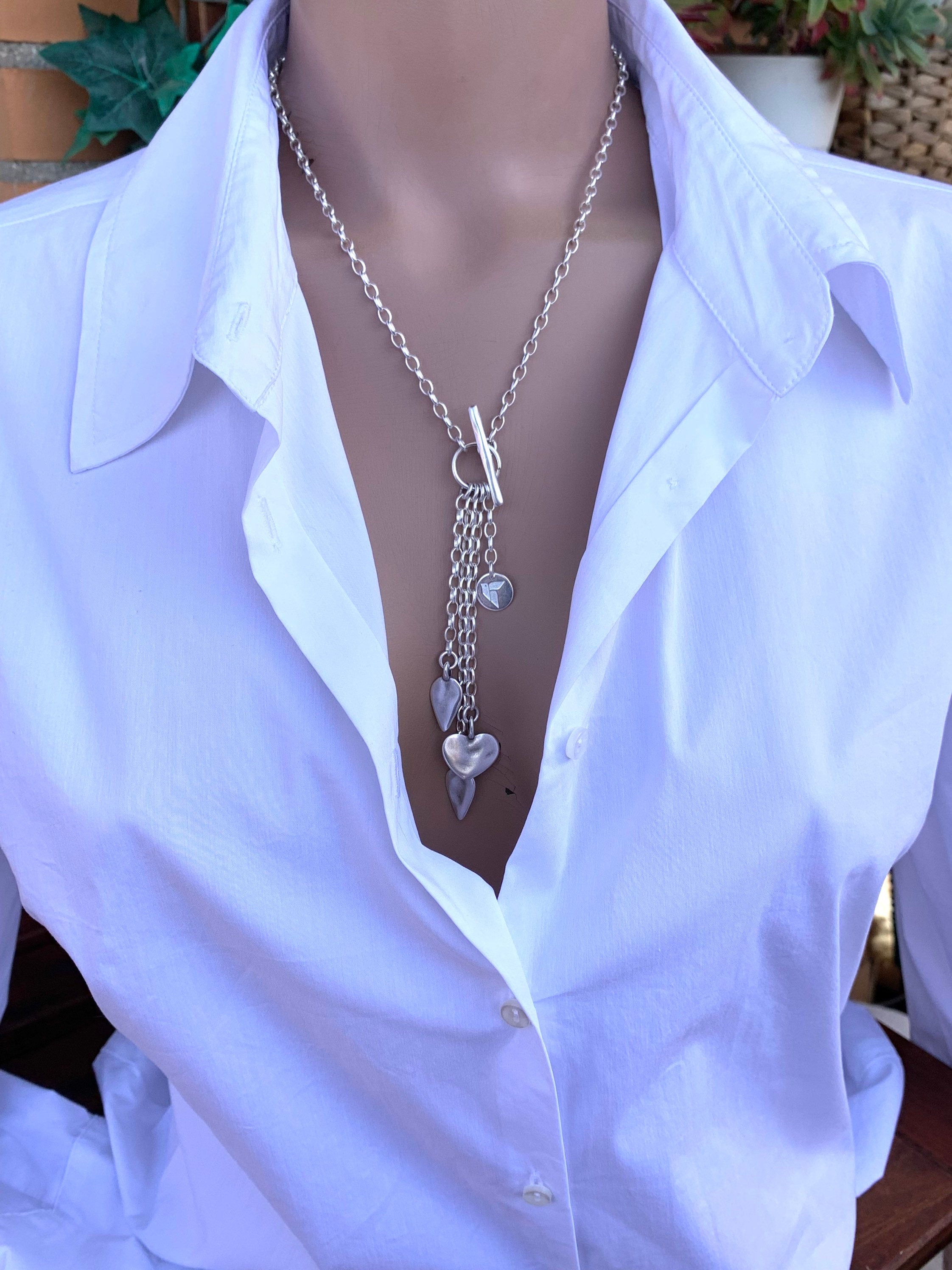 Minimalist silver plated toggle clasp lariat necklace, charms droped choker