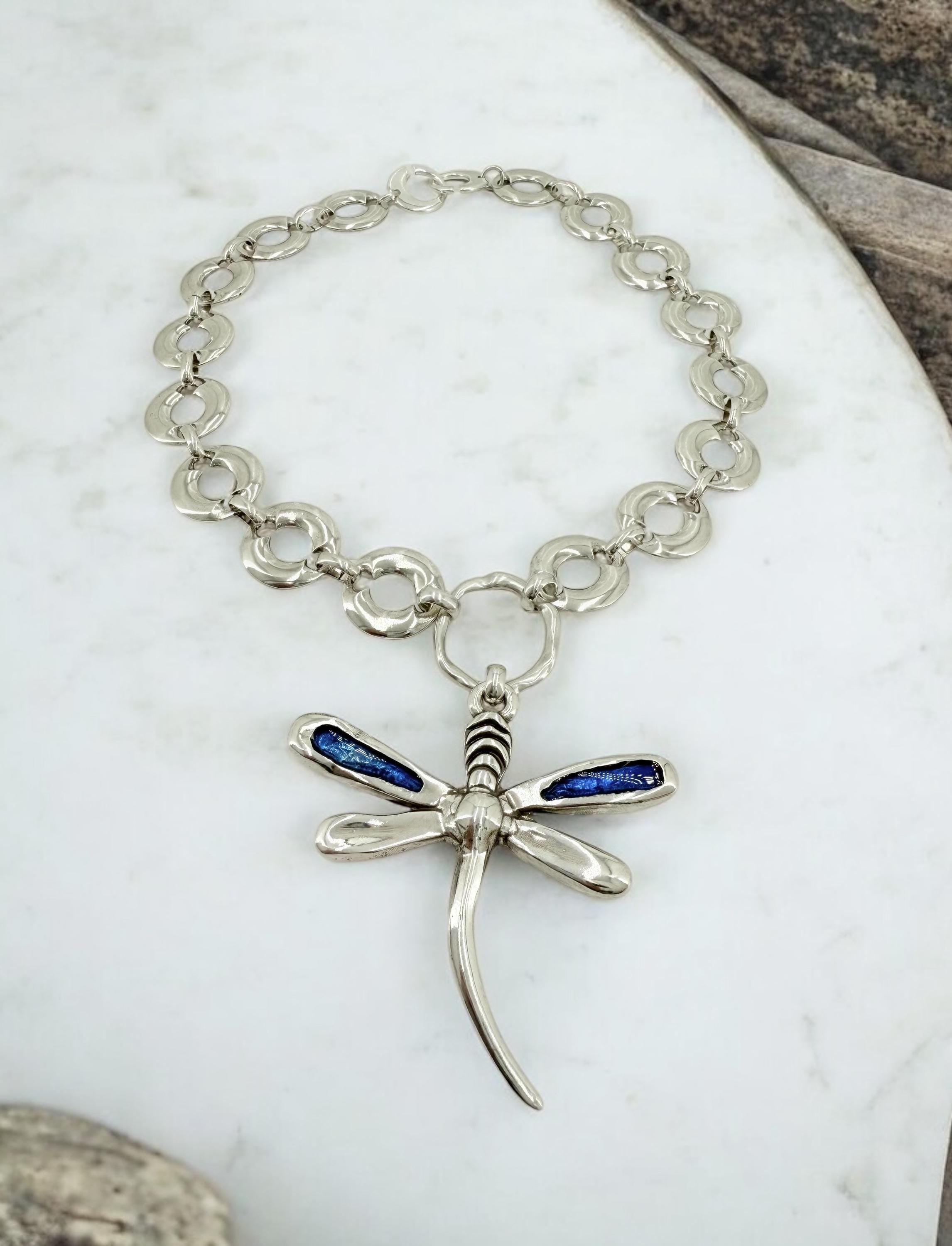 Statement Necklace with Large Dragonfly Pendant — Chunky Heavy Silver Chain, Bold Pendant Necklace