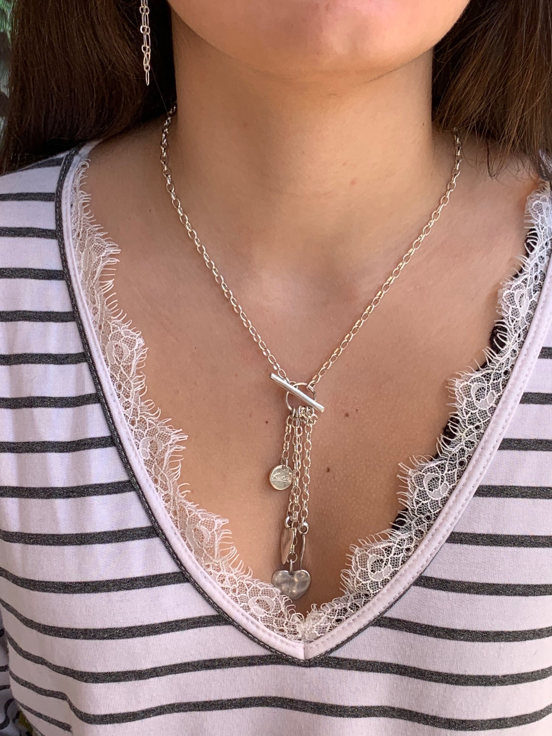 Minimalist silver plated toggle clasp lariat necklace, charms droped choker