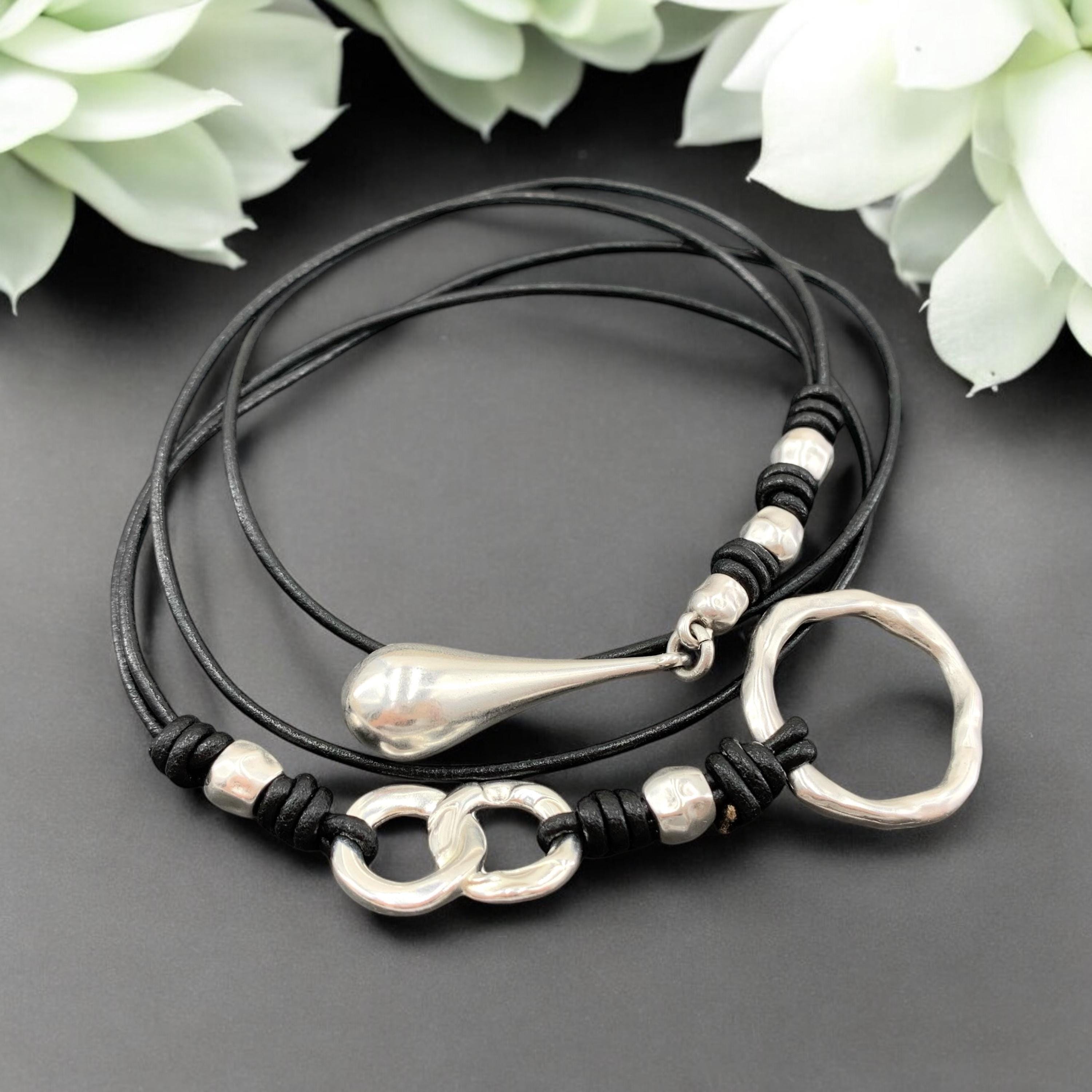 Lariat leather necklace, lariat silver necklace, leather choker, Y necklace, tribal necklace, drop pendant lariat necklace, uno de 50 style