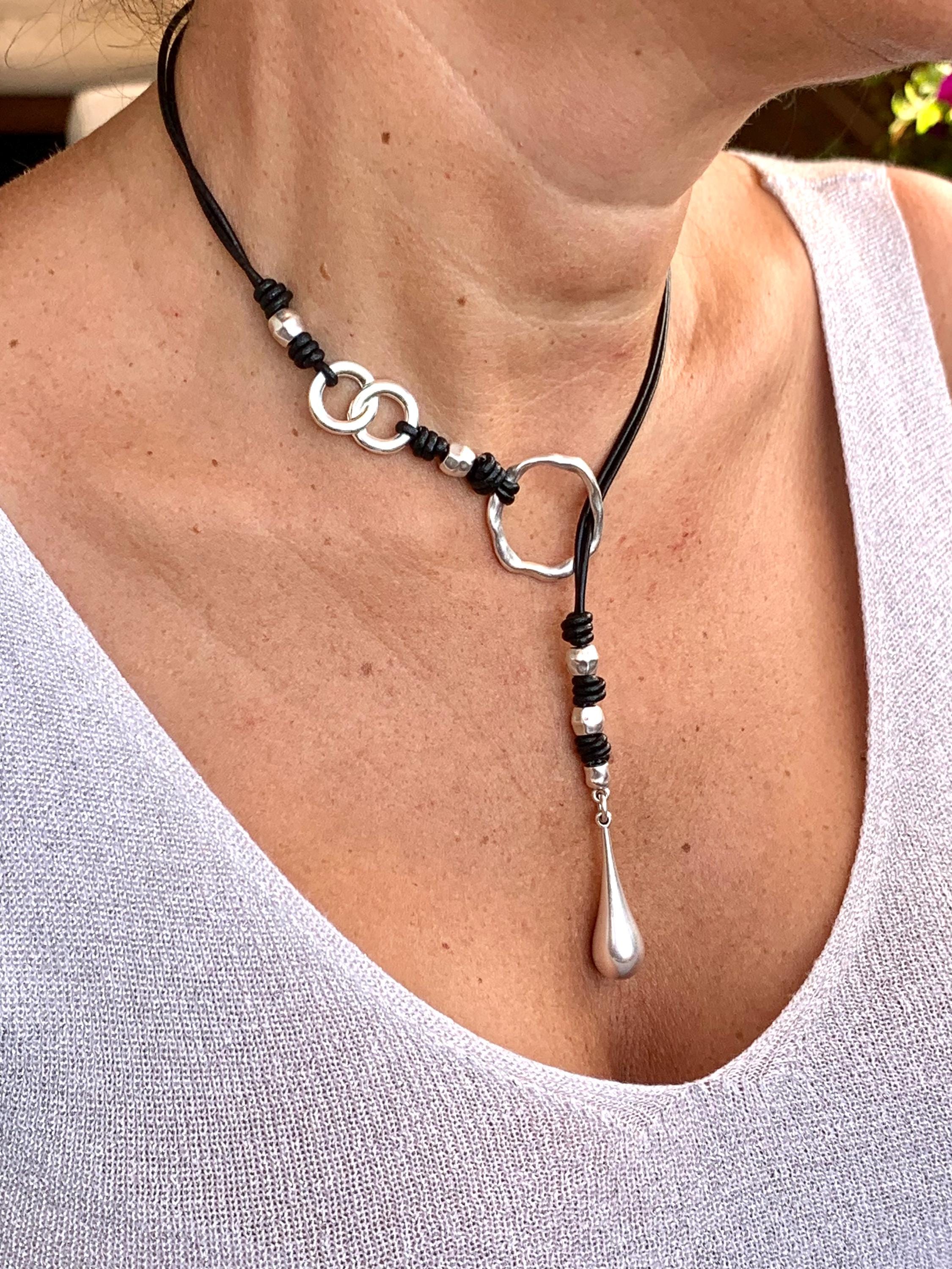 Lariat leather necklace, lariat silver necklace, leather choker, Y necklace, tribal necklace, drop pendant lariat necklace, uno de 50 style