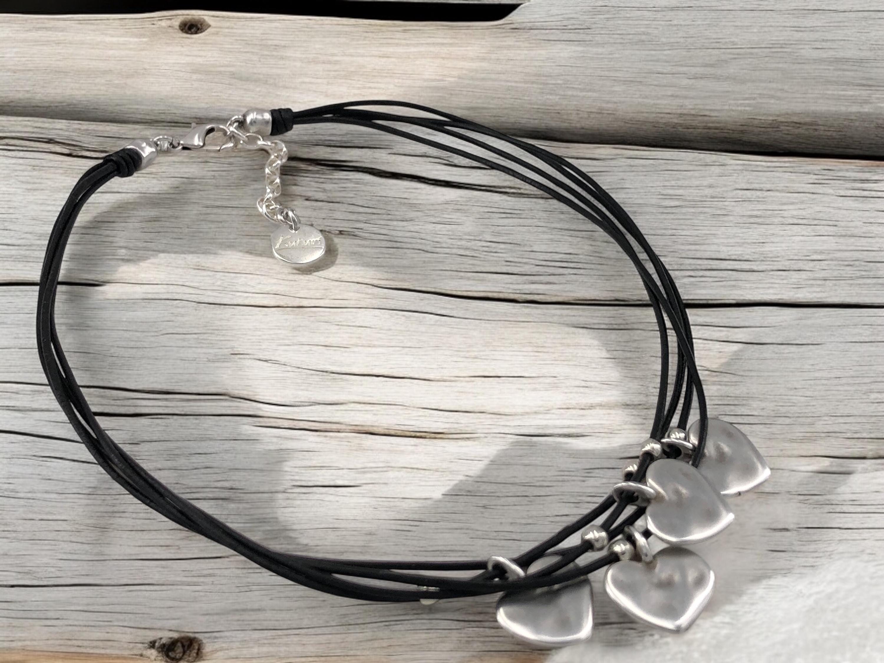Handmade multi-strand leather choker, layered silver hearts pendant necklace, bohemian jewelry