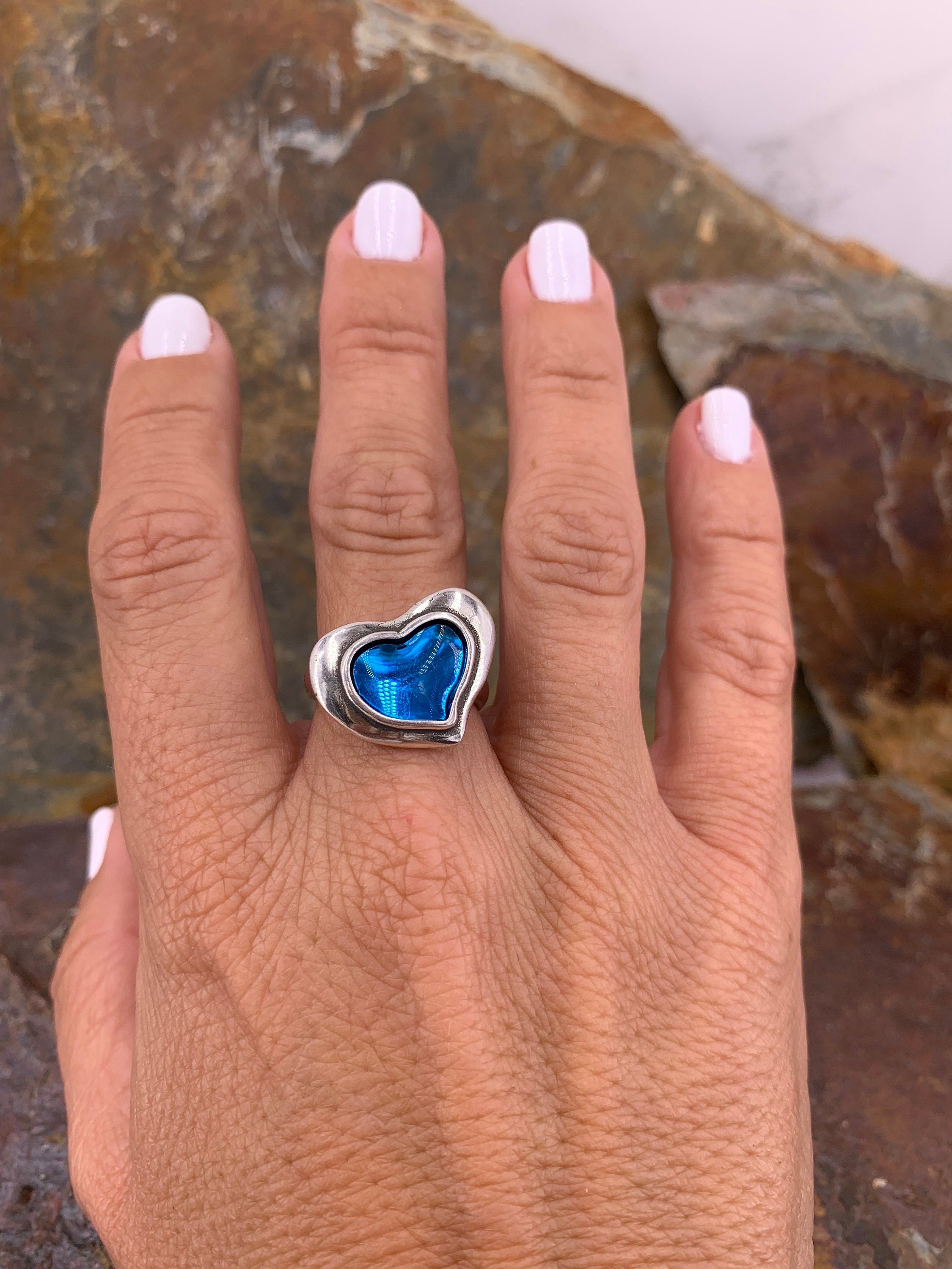 Chunky silver ring with blue heart, statement ring, crystal ring, blue ring, uno de 50 style, bohemian ring, heart ring, bold ring, gift