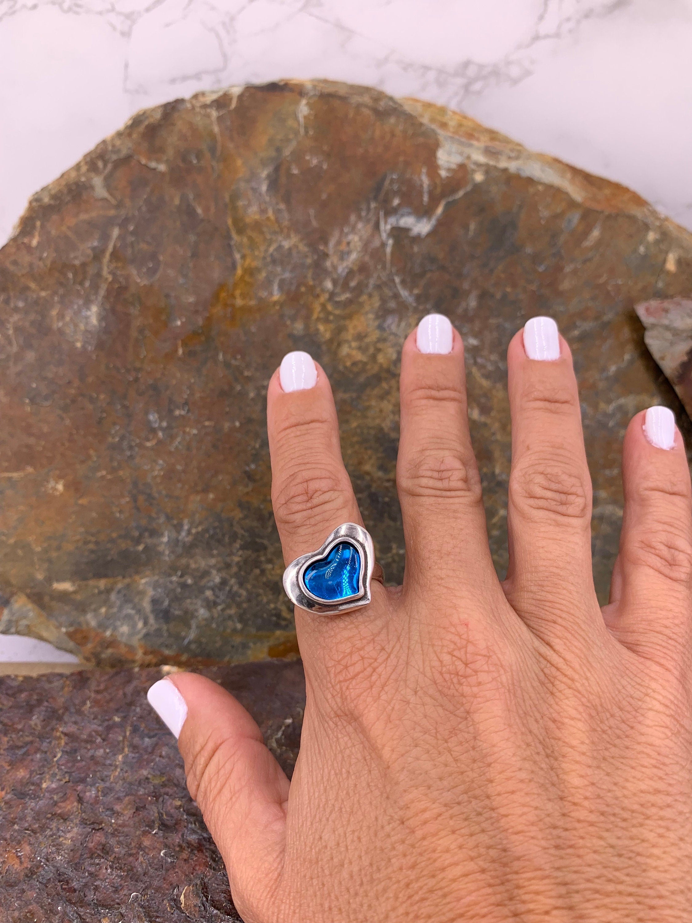Chunky silver ring with blue heart, statement ring, crystal ring, blue ring, uno de 50 style, bohemian ring, heart ring, bold ring, gift