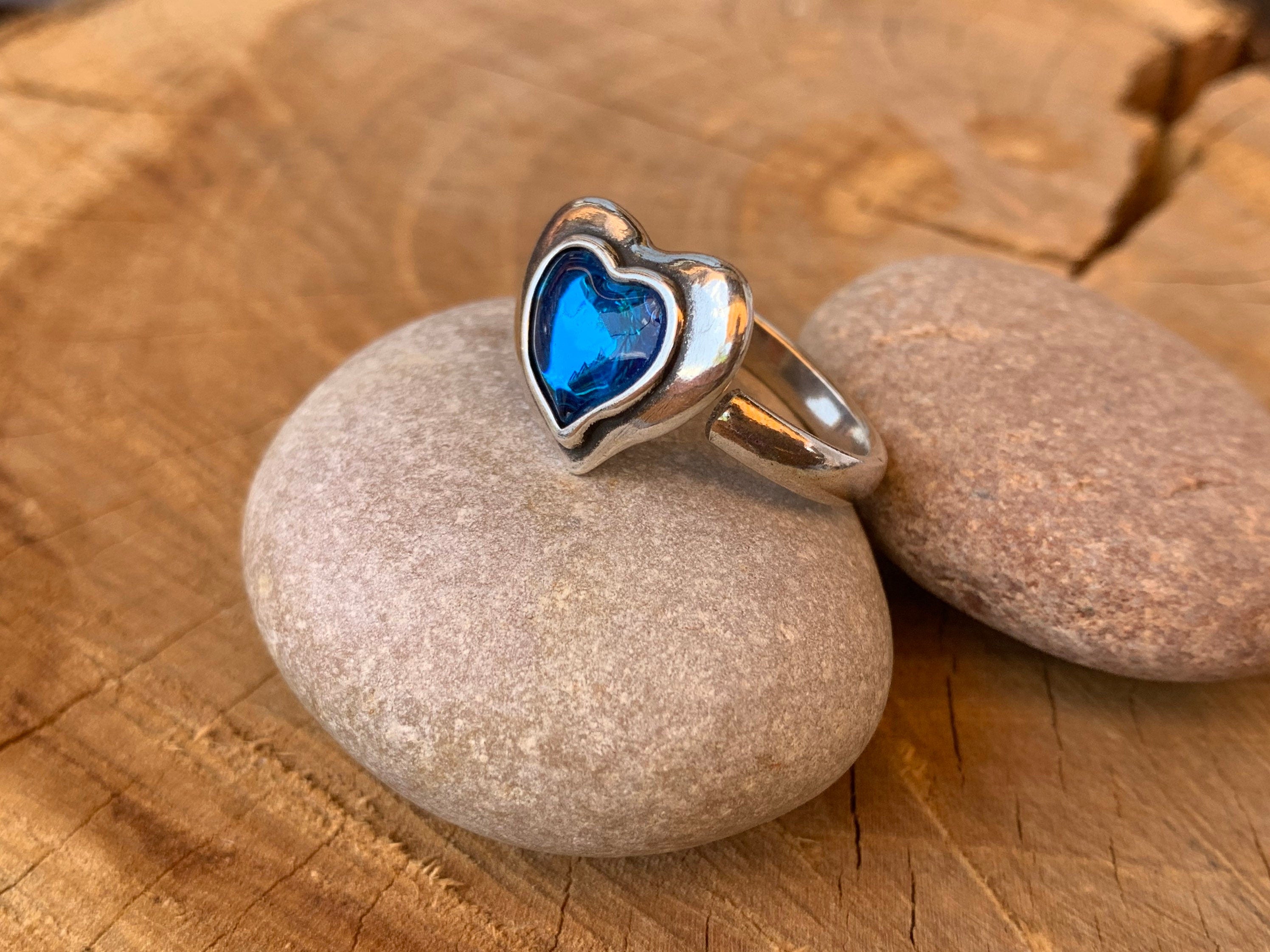 Chunky silver ring with blue heart, statement ring, crystal ring, blue ring, uno de 50 style, bohemian ring, heart ring, bold ring, gift