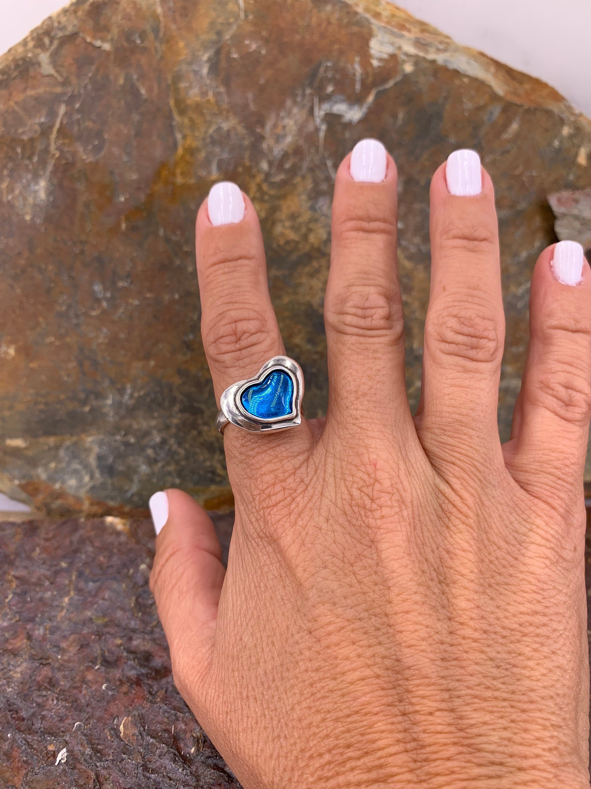 Chunky silver ring with blue heart, statement ring, crystal ring, blue ring, uno de 50 style, bohemian ring, heart ring, bold ring, gift