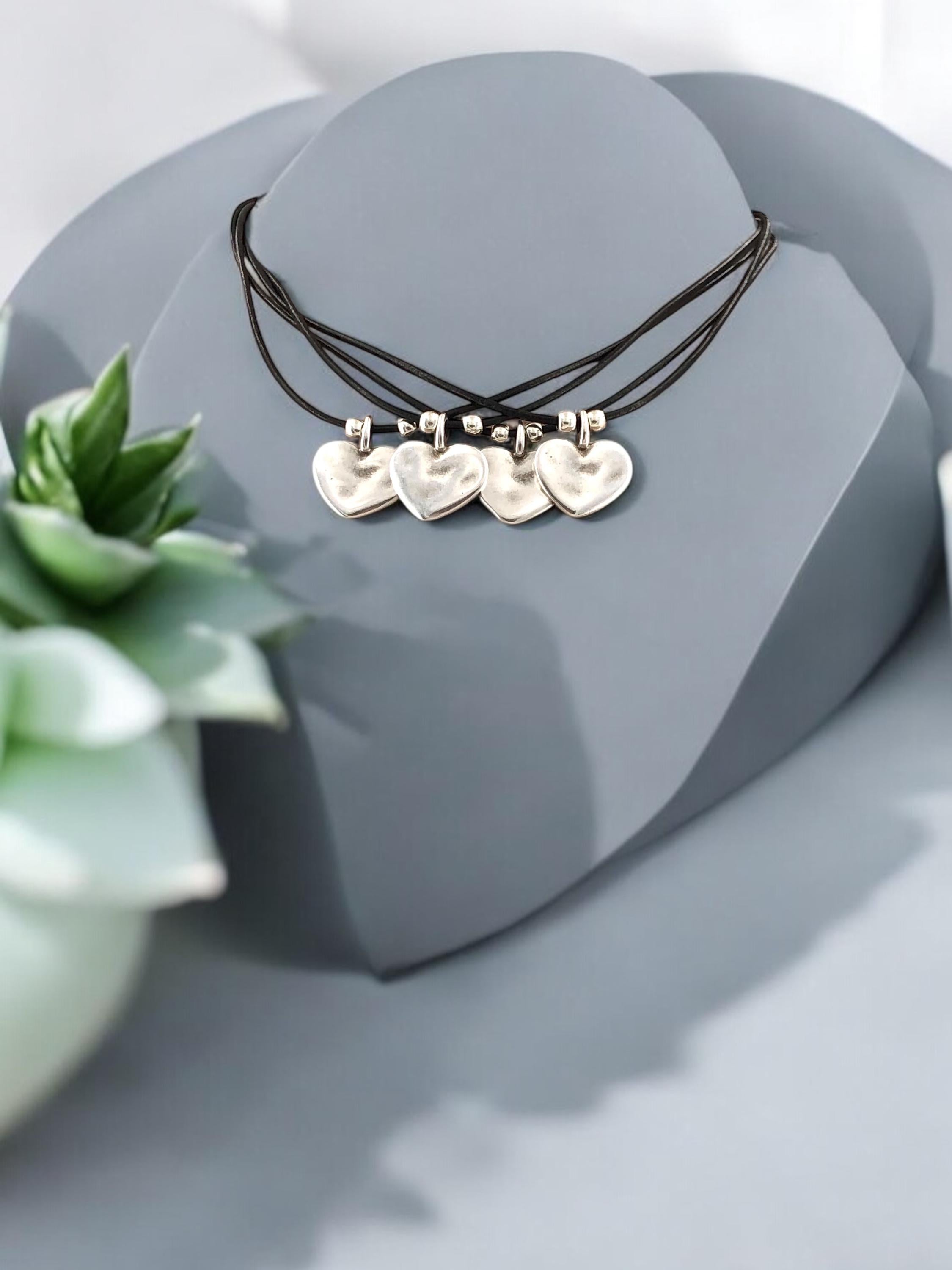 Handmade multi-strand leather choker, layered silver hearts pendant necklace, bohemian jewelry