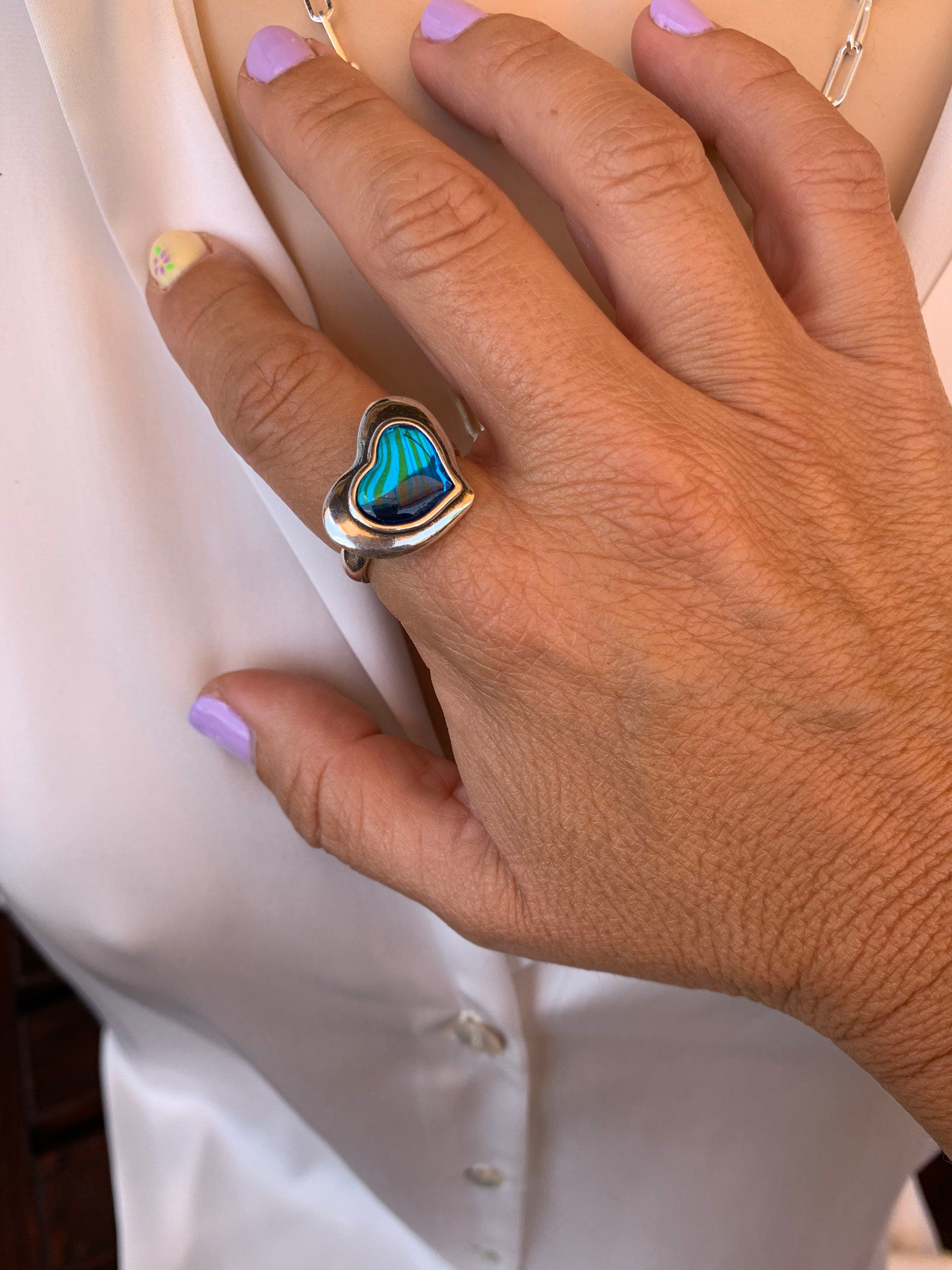 Chunky silver ring with blue heart, statement ring, crystal ring, blue ring, uno de 50 style, bohemian ring, heart ring, bold ring, gift