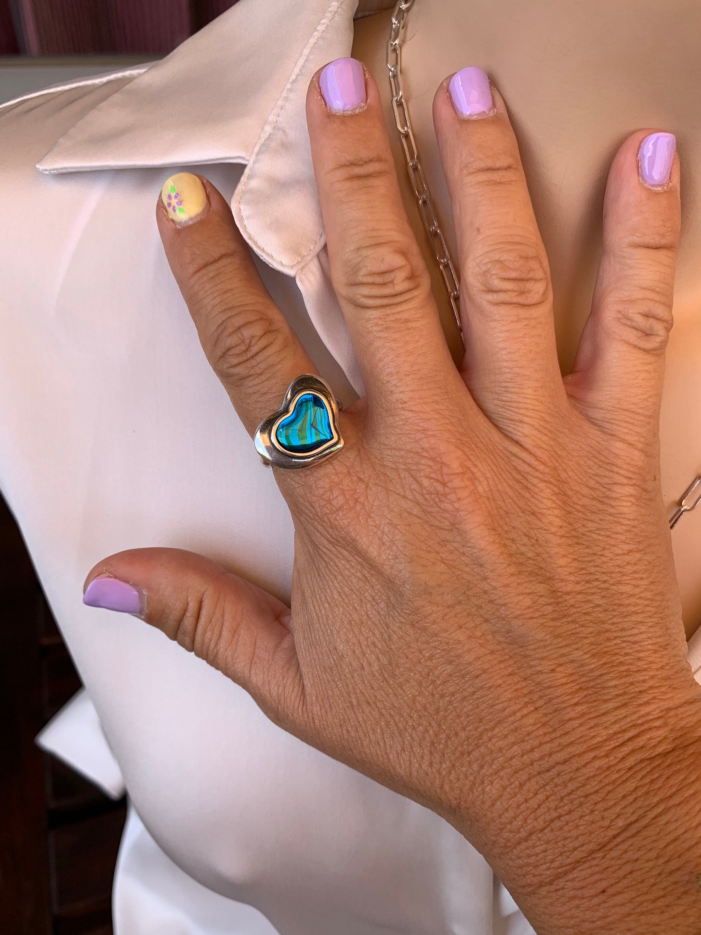 Chunky silver ring with blue heart, statement ring, crystal ring, blue ring, uno de 50 style, bohemian ring, heart ring, bold ring, gift