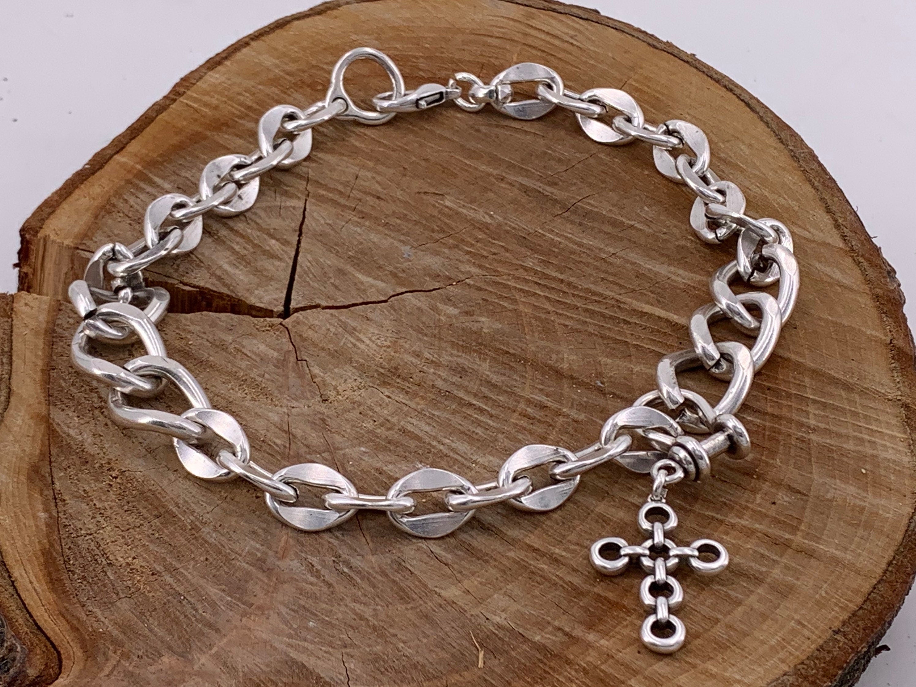 Chunky, heavy necklace made with large link Cuban chain in silver-plated steel, Bold big link chain necklace with cross pendant,