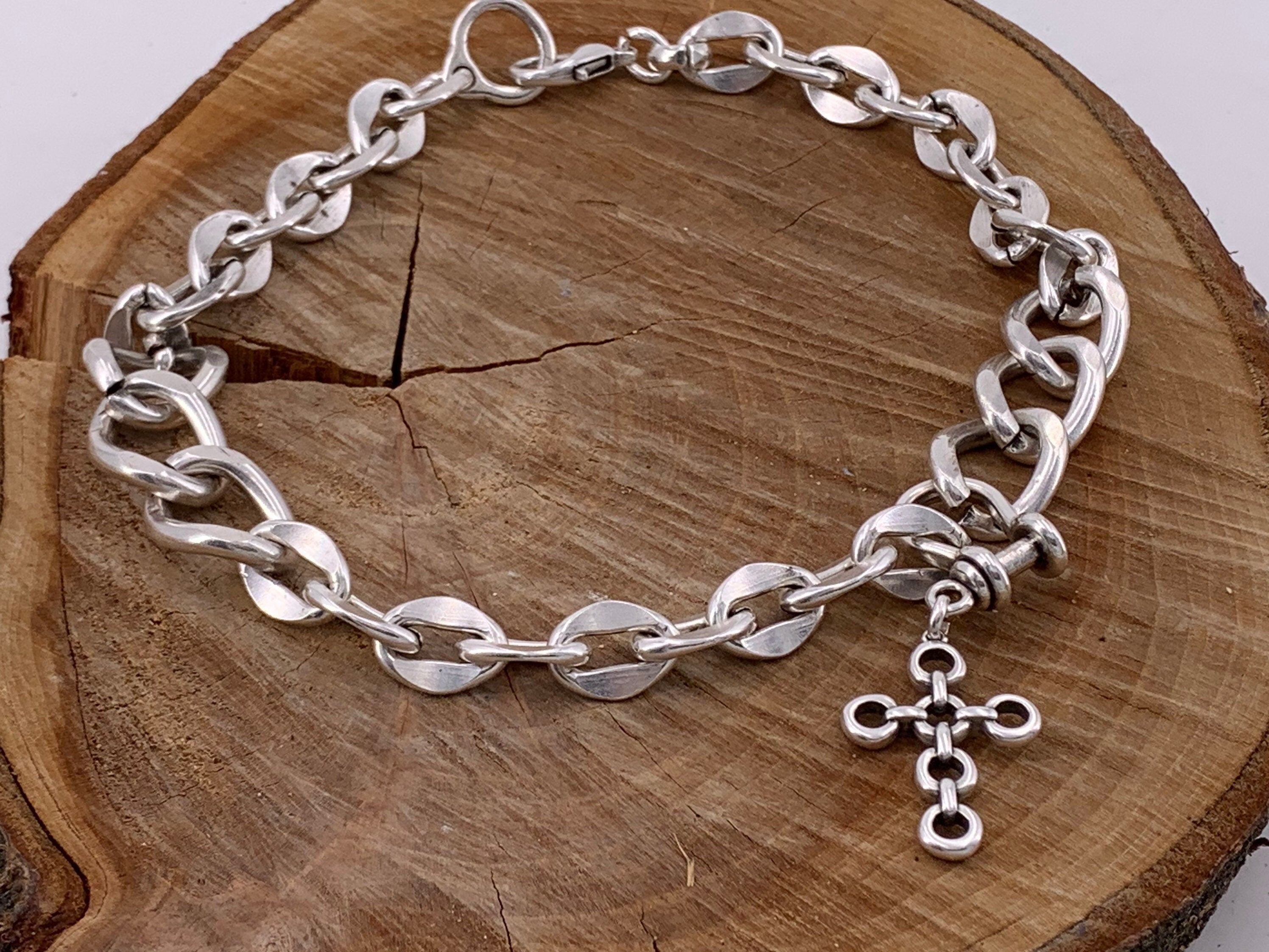 Chunky, heavy necklace made with large link Cuban chain in silver-plated steel, Bold big link chain necklace with cross pendant,