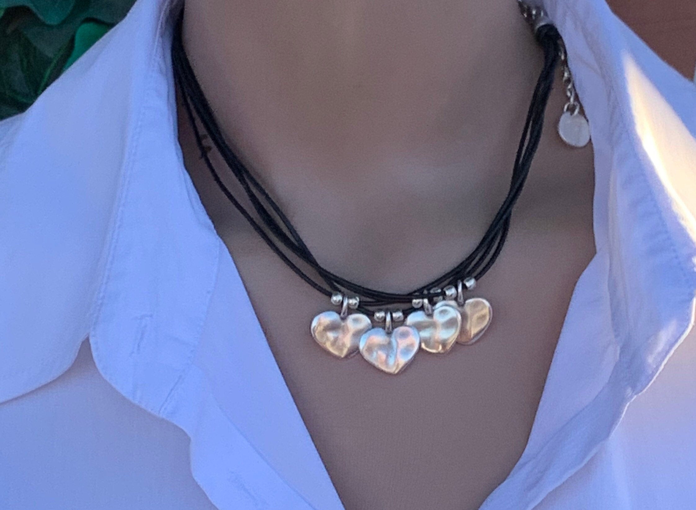 Handmade multi-strand leather choker, layered silver hearts pendant necklace, bohemian jewelry