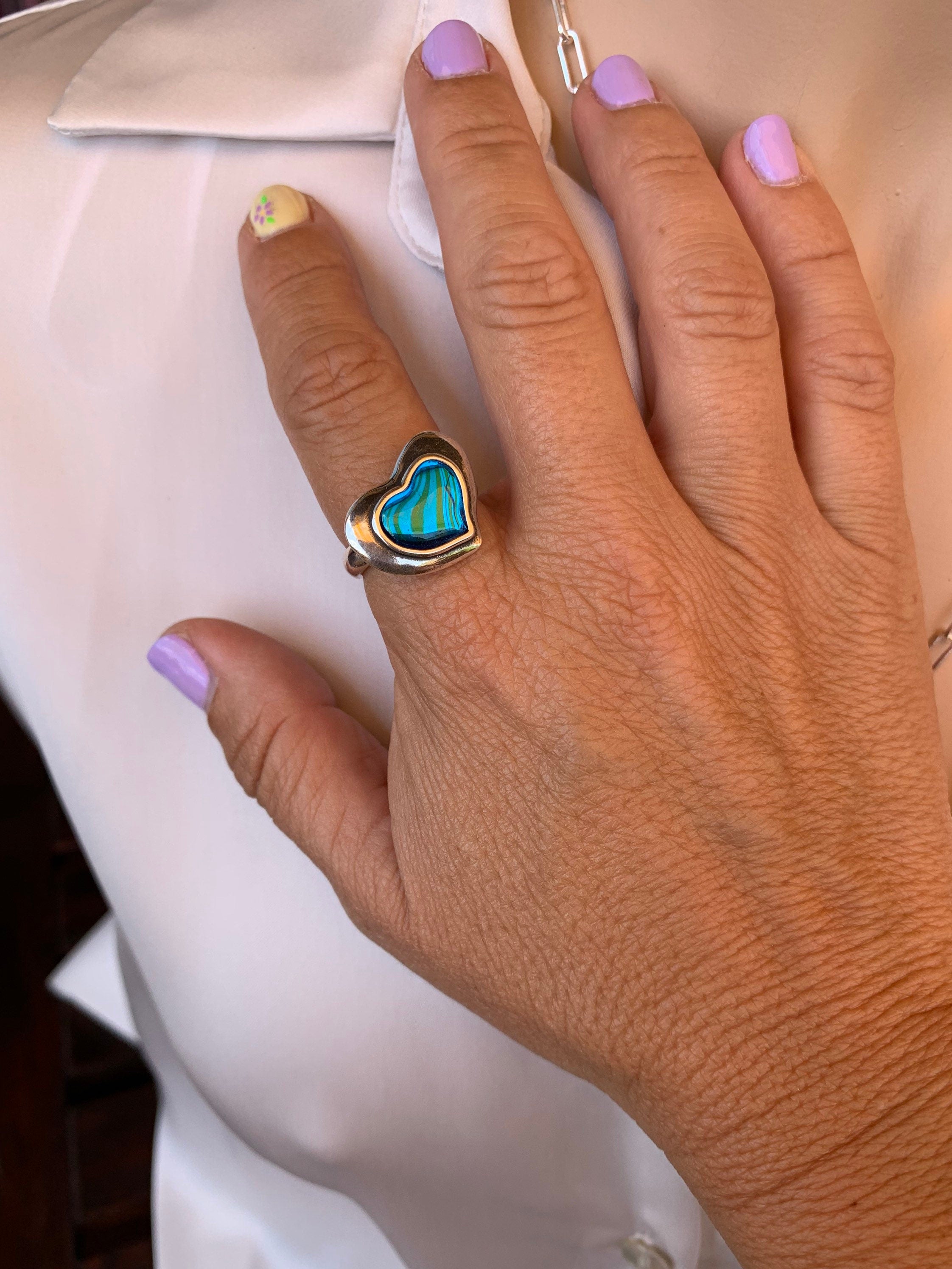 Chunky silver ring with blue heart, statement ring, crystal ring, blue ring, uno de 50 style, bohemian ring, heart ring, bold ring, gift
