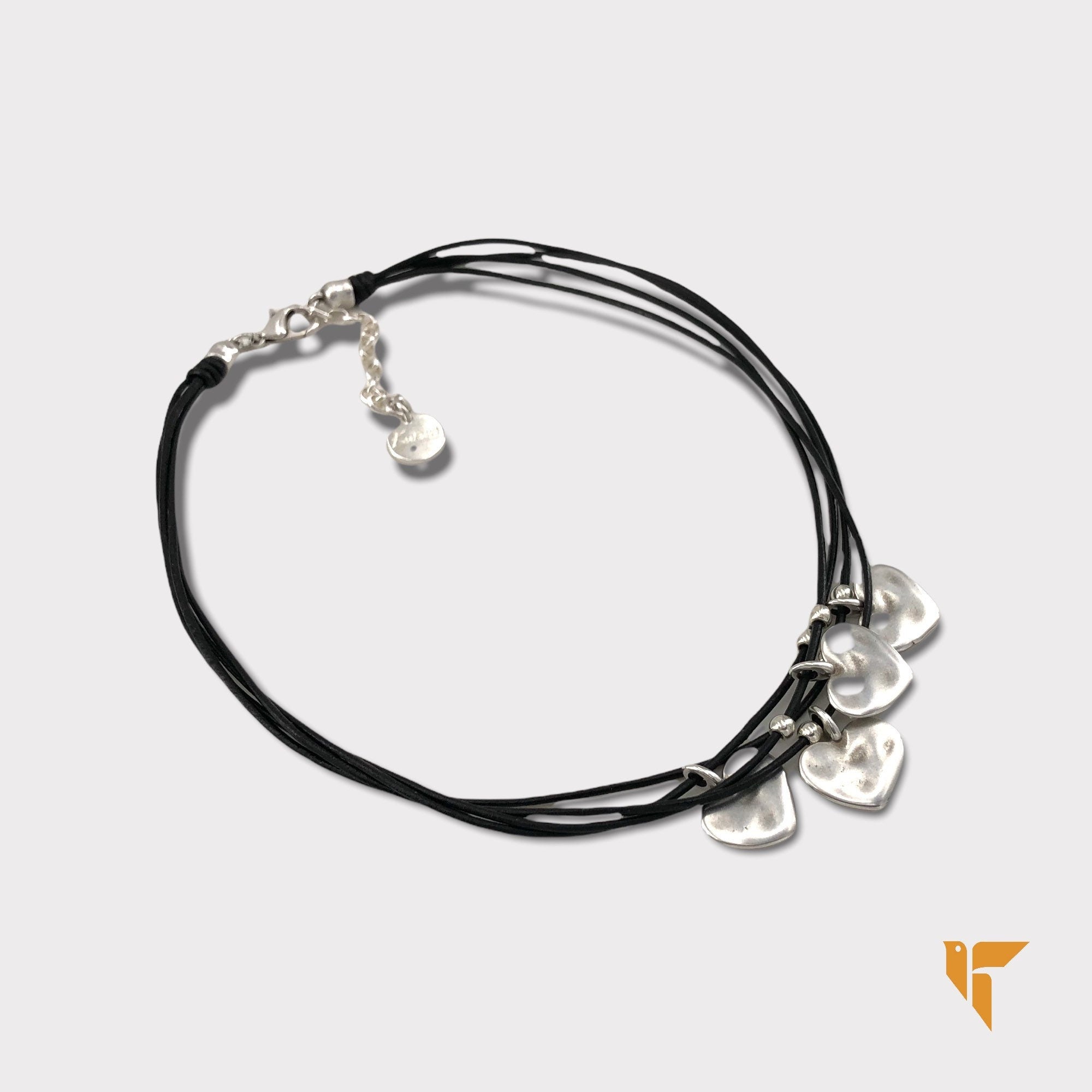 Handmade multi-strand leather choker, layered silver hearts pendant necklace, bohemian jewelry
