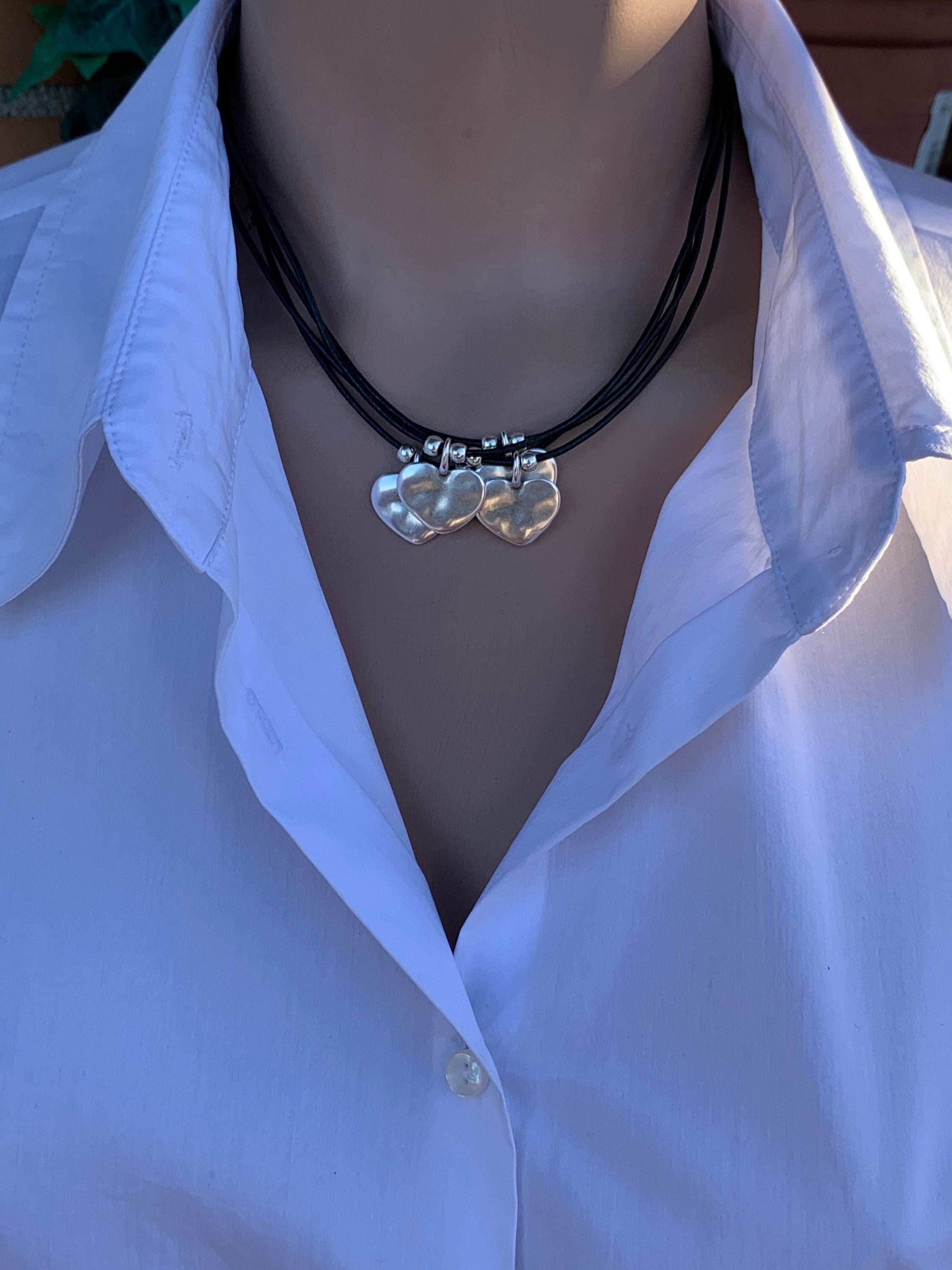 Handmade multi-strand leather choker, layered silver hearts pendant necklace, bohemian jewelry