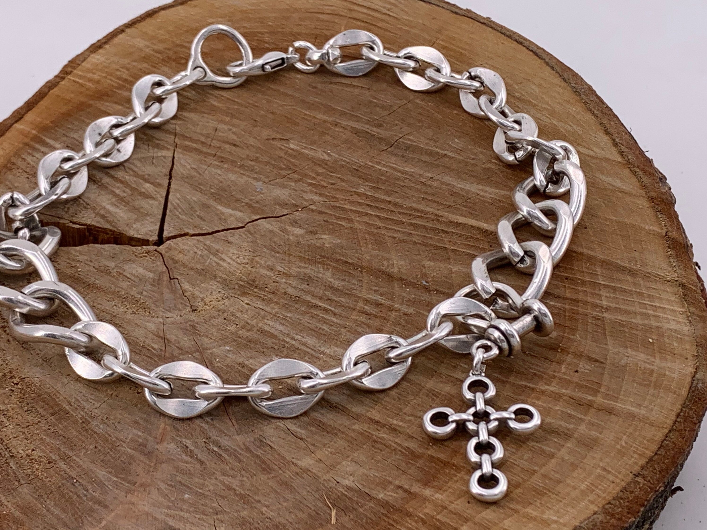 Chunky, heavy necklace made with large link Cuban chain in silver-plated steel, Bold big link chain necklace with cross pendant,