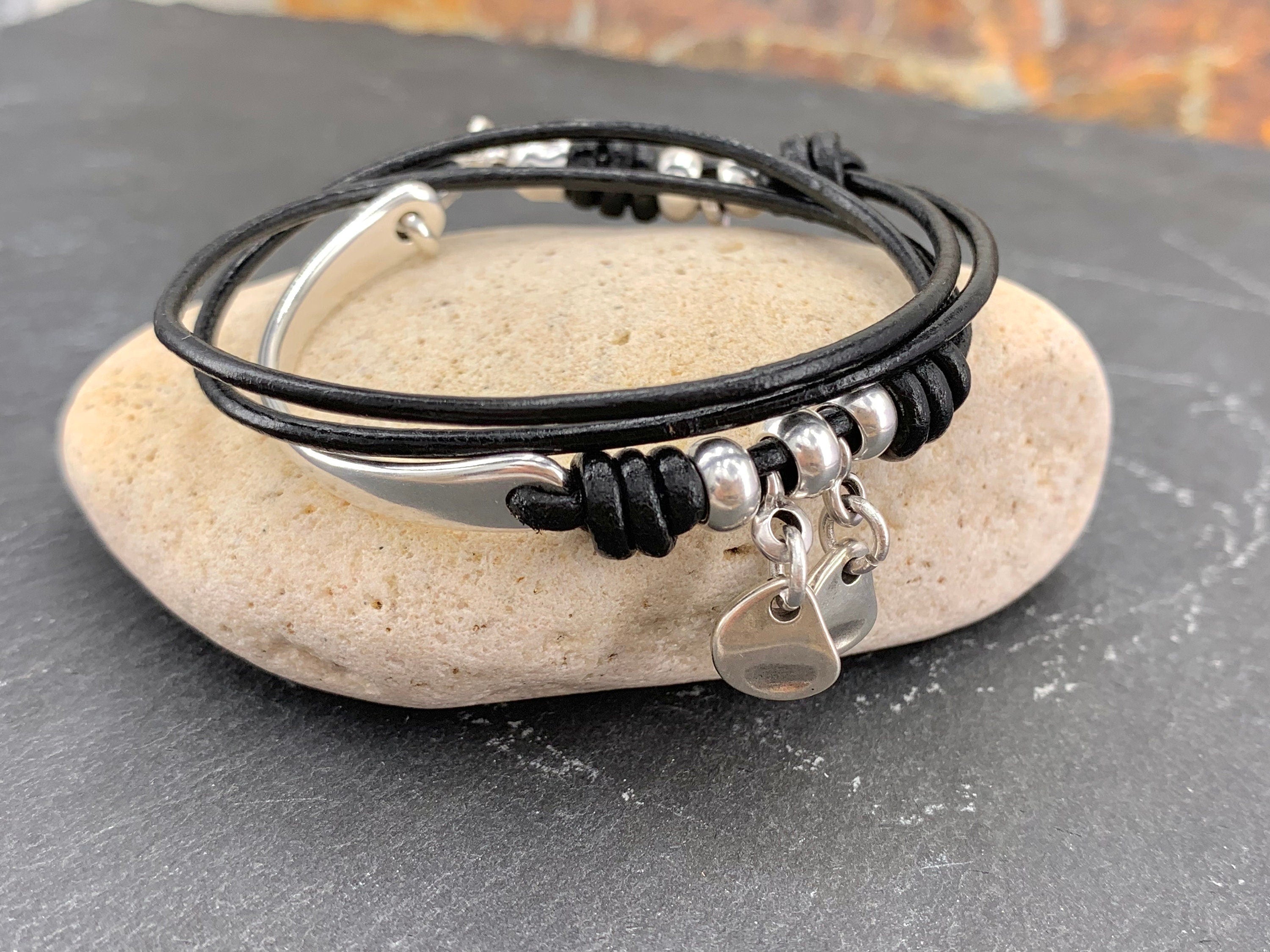 Multi-layer wrap silver cuff leather wrap bracelet, silver charms leather bracelet, bohemian tribal style bracelet, layering bracelet, gift