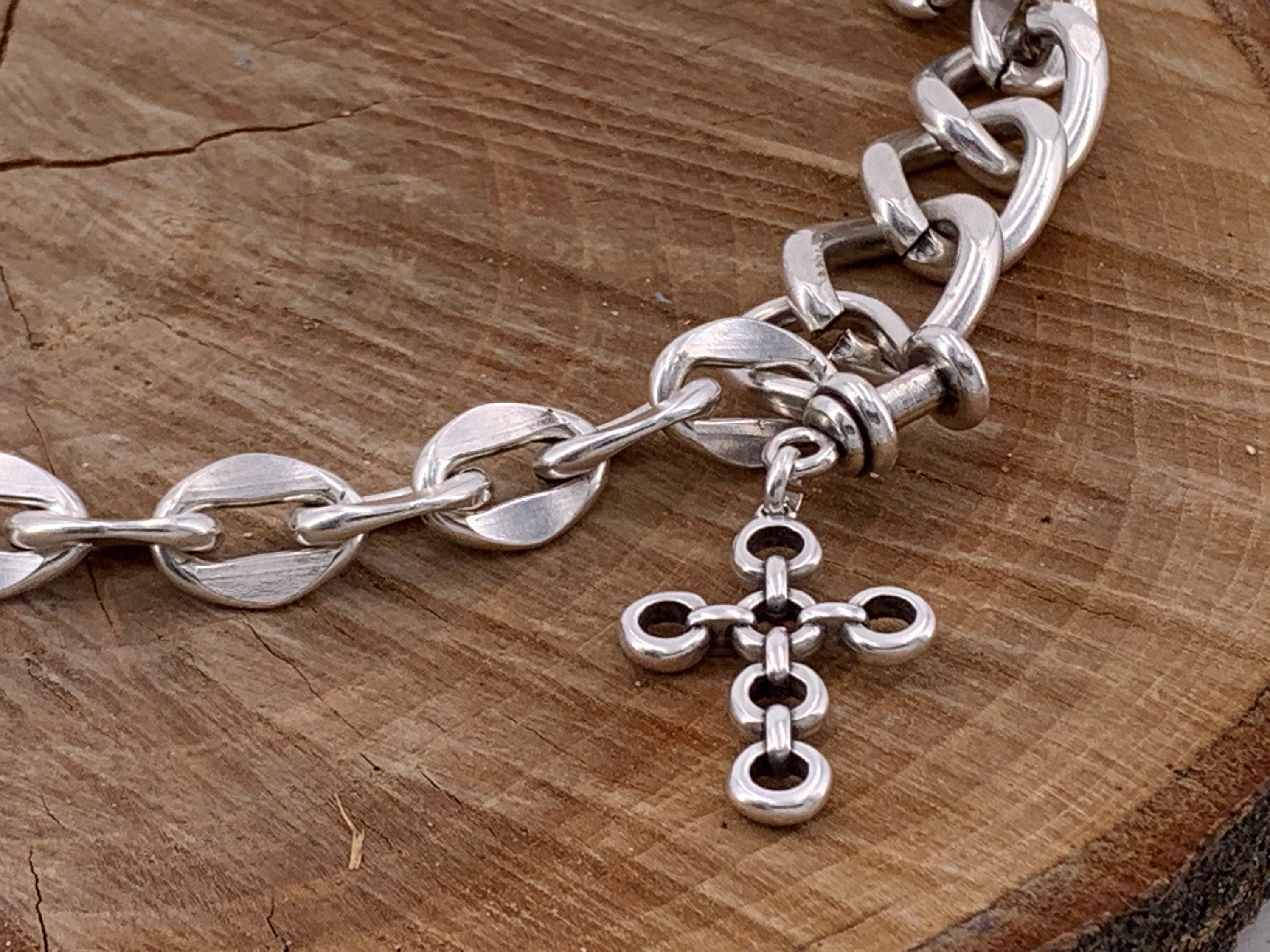 Chunky, heavy necklace made with large link Cuban chain in silver-plated steel, Bold big link chain necklace with cross pendant,