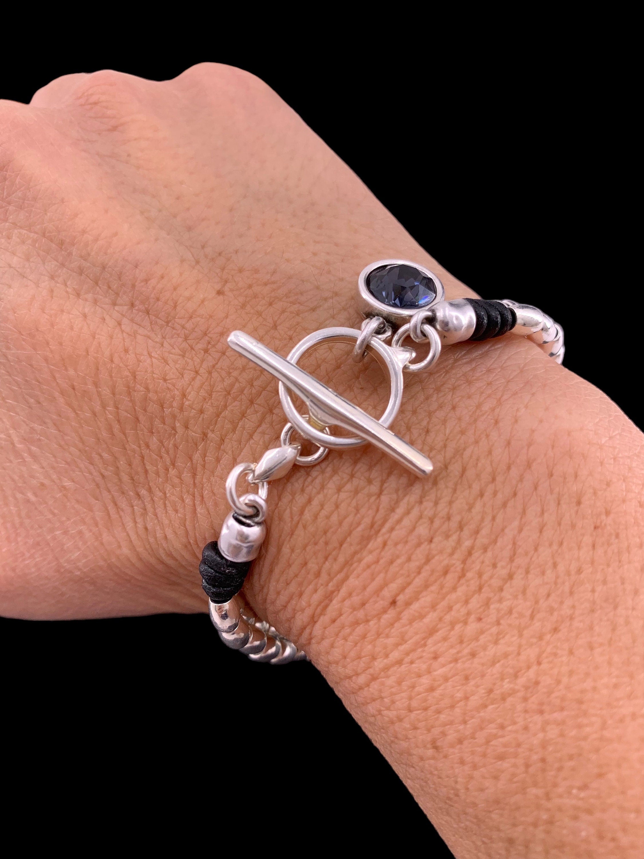 Leather bracelet with Swarovski crystal charm, silver beads and toggle clasp, silver beaded bracelet, charm boho bracelet,