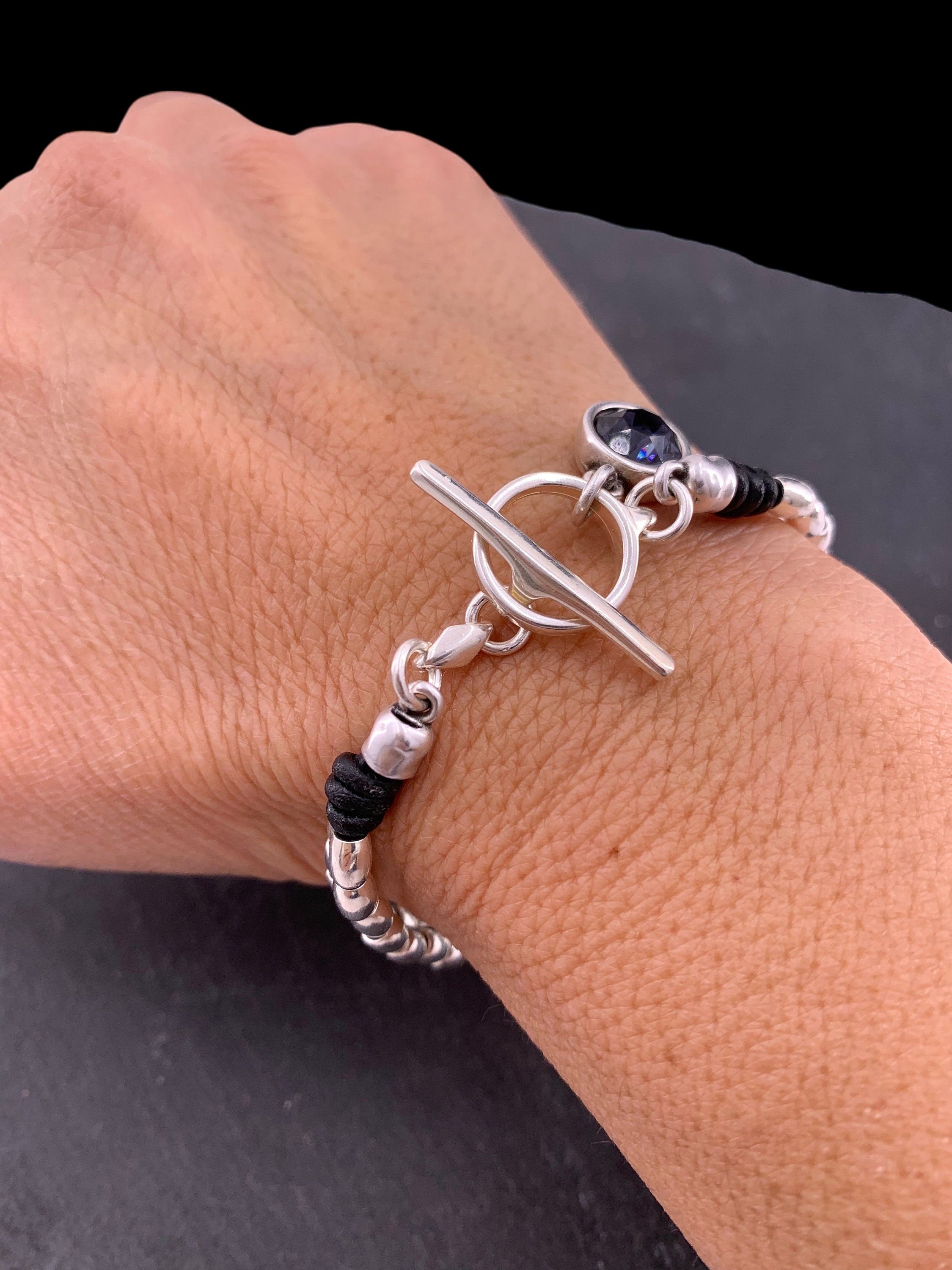 Leather bracelet with Swarovski crystal charm, silver beads and toggle clasp, silver beaded bracelet, charm boho bracelet,