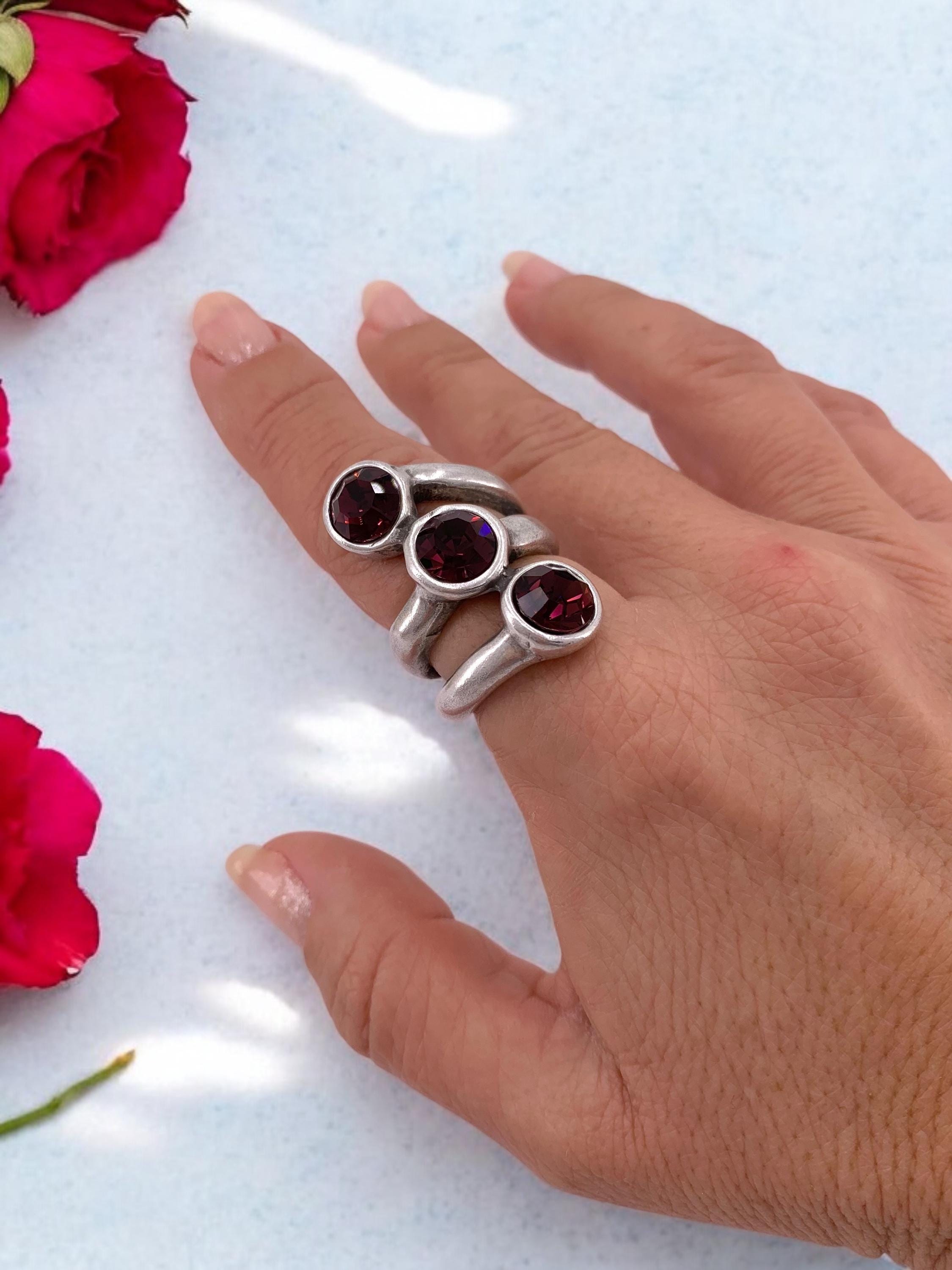 Chunky Silver Swarovski Ring – Oversized Statement Jewelry – US Size 8 – 17 Crystal Colors – Handmade Gift for Her