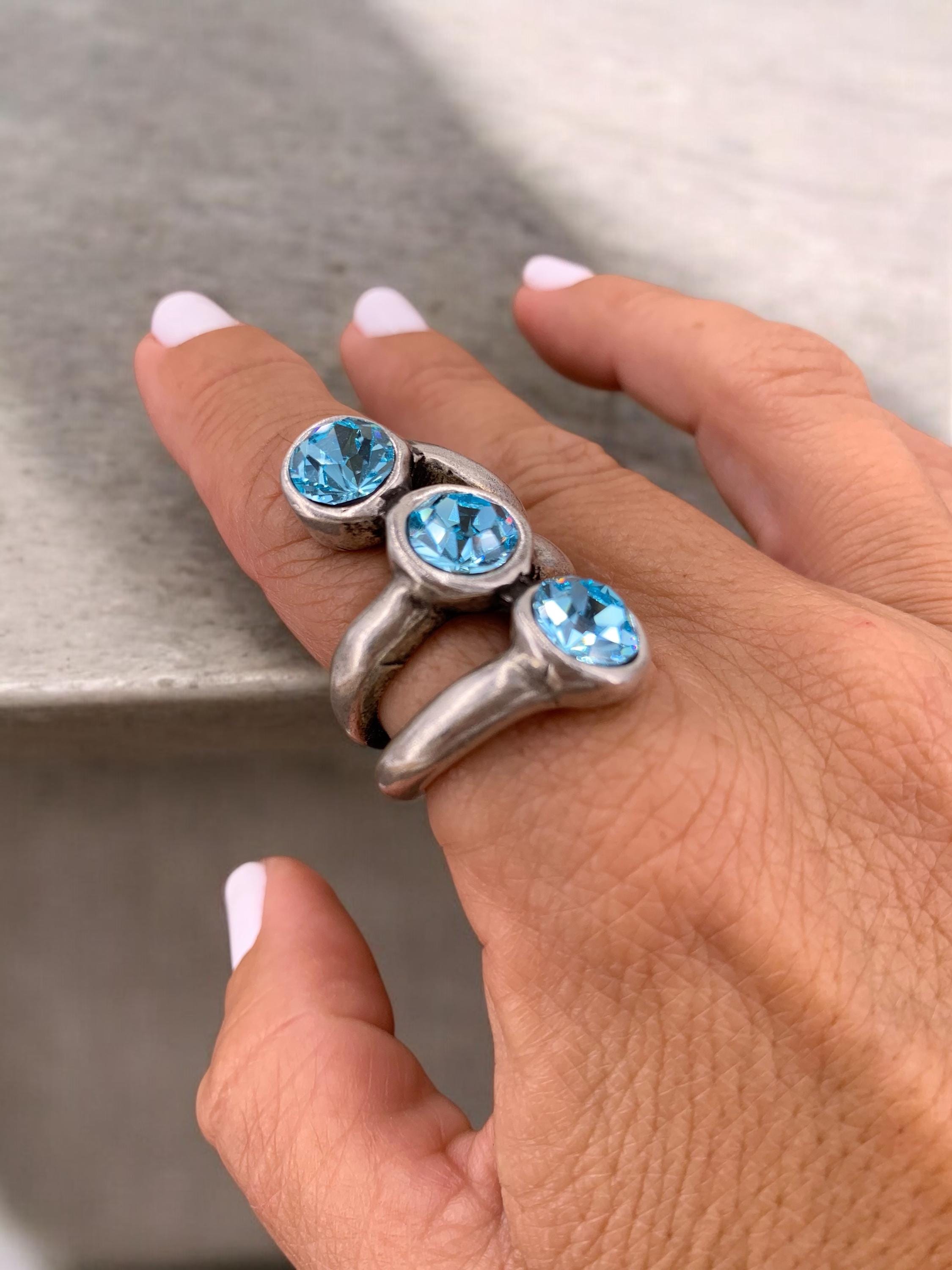 Chunky Silver Swarovski Ring – Oversized Statement Jewelry – US Size 8 – 17 Crystal Colors – Handmade Gift for Her