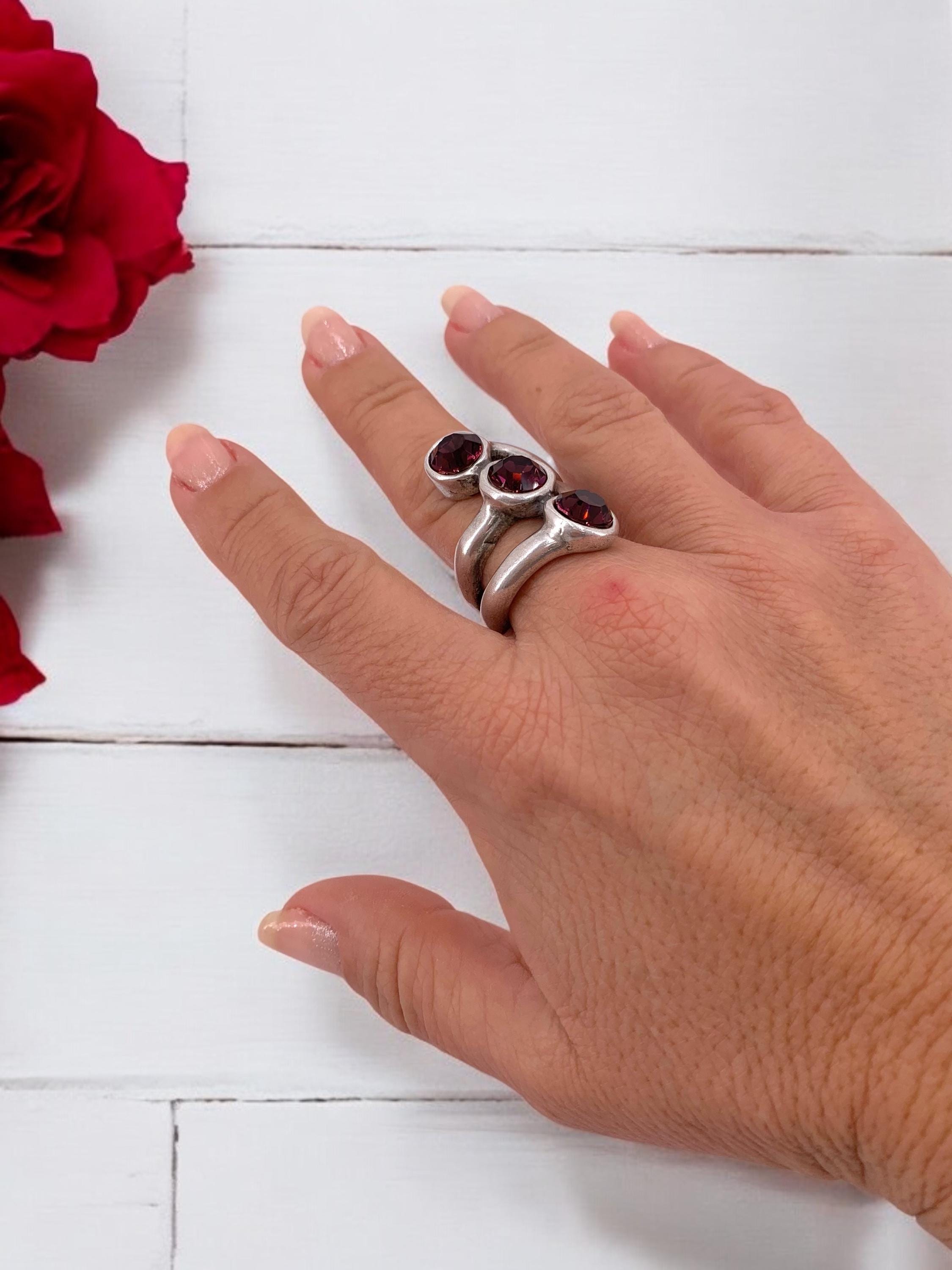 Chunky Silver Swarovski Ring – Oversized Statement Jewelry – US Size 8 – 17 Crystal Colors – Handmade Gift for Her